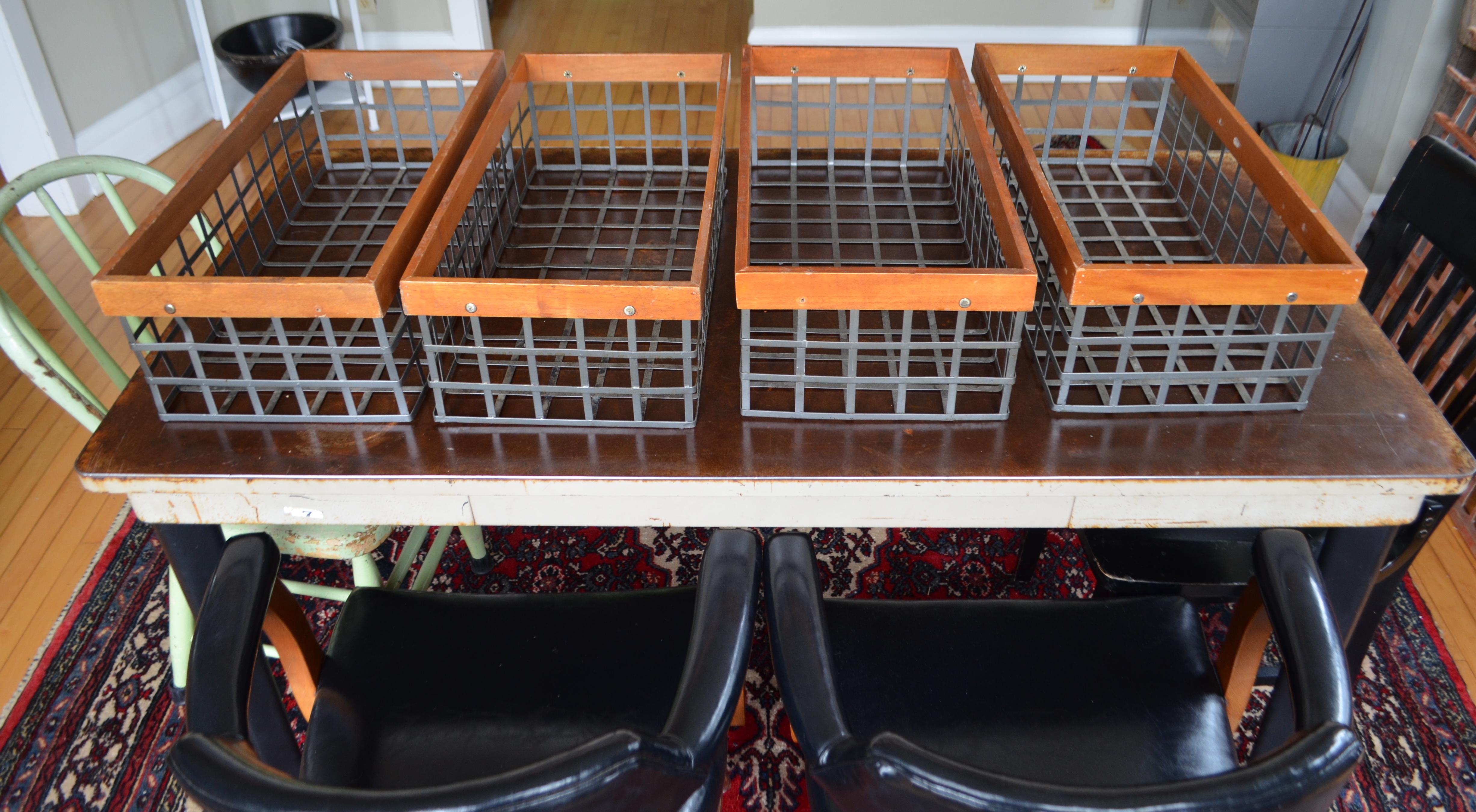 Set of 4 Bins Baskets of Steel and Wood, Several Vintage Sets Available For Sale 5