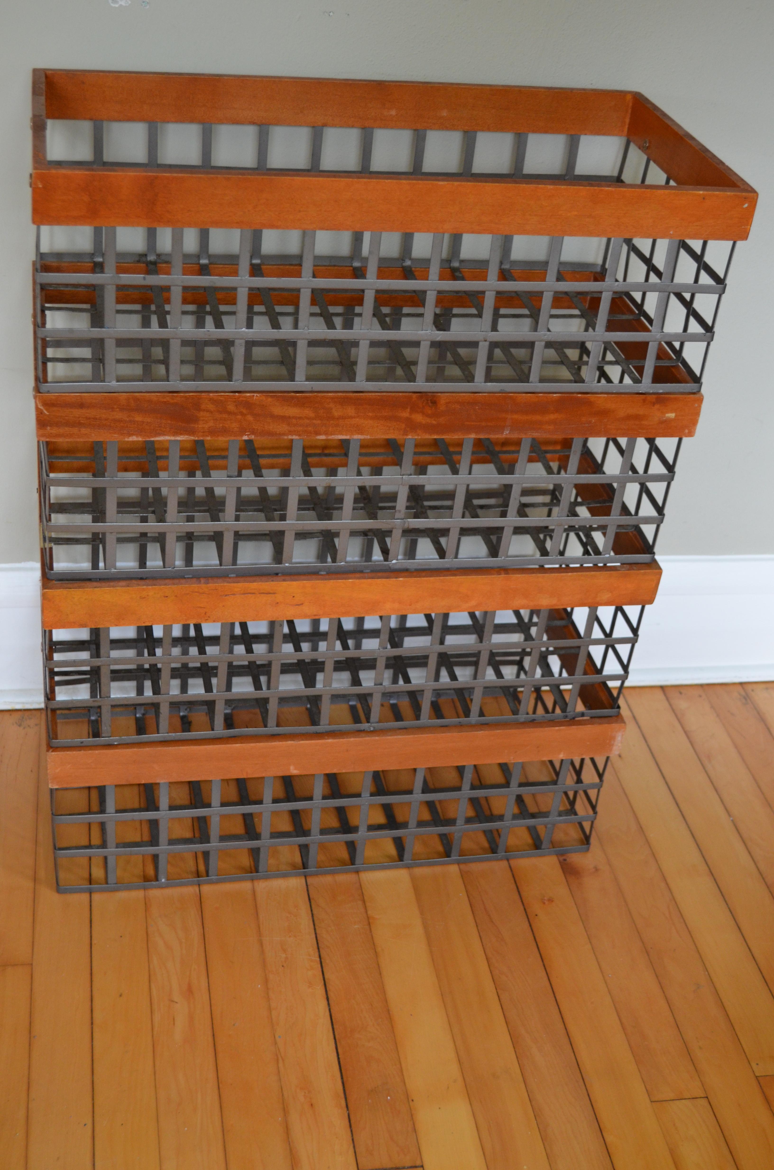 American Set of 4 Bins Baskets of Steel and Wood, Several Vintage Sets Available For Sale