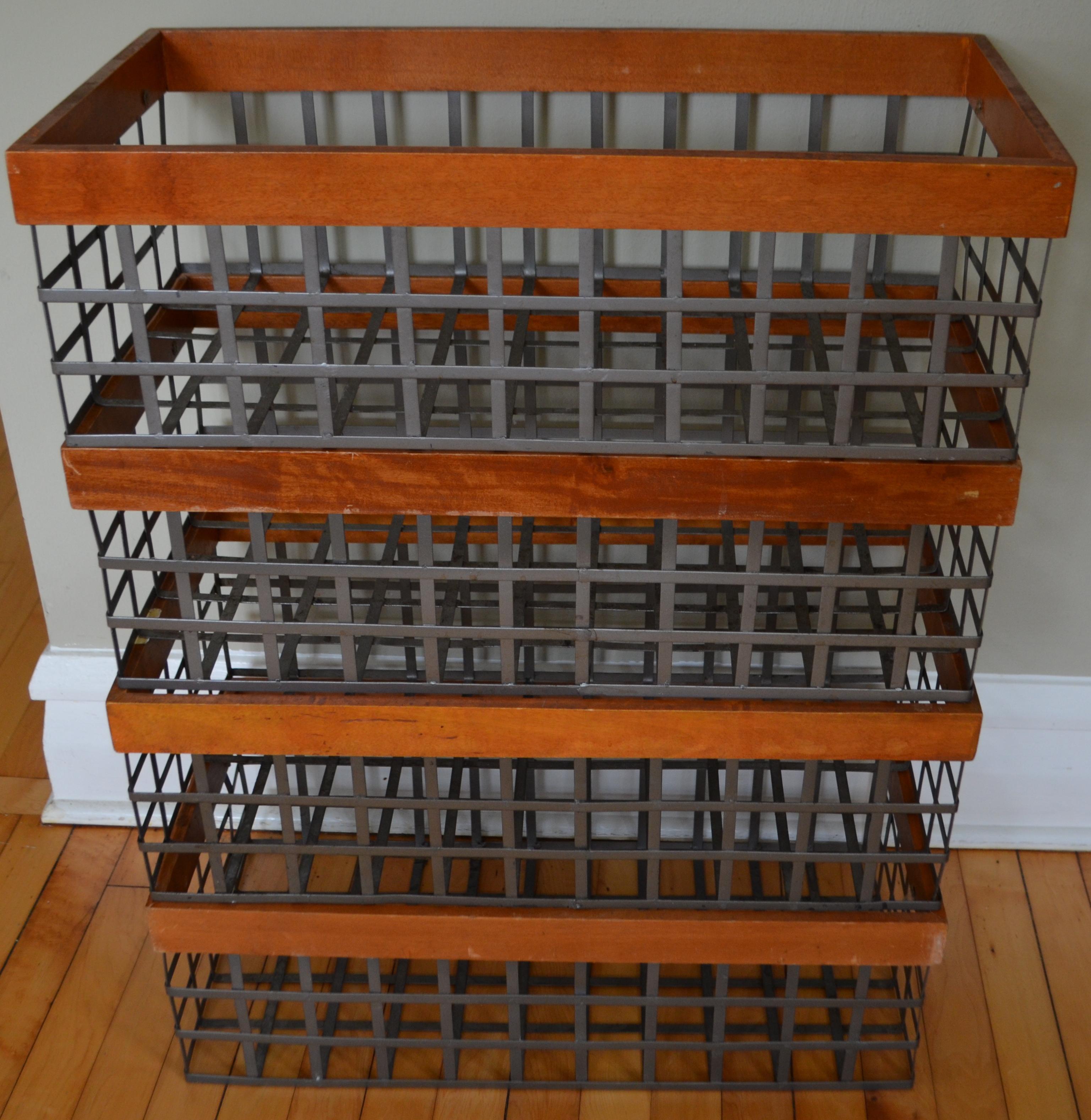 Set of 4 Bins Baskets of Steel and Wood, Several Vintage Sets Available In Good Condition For Sale In Madison, WI