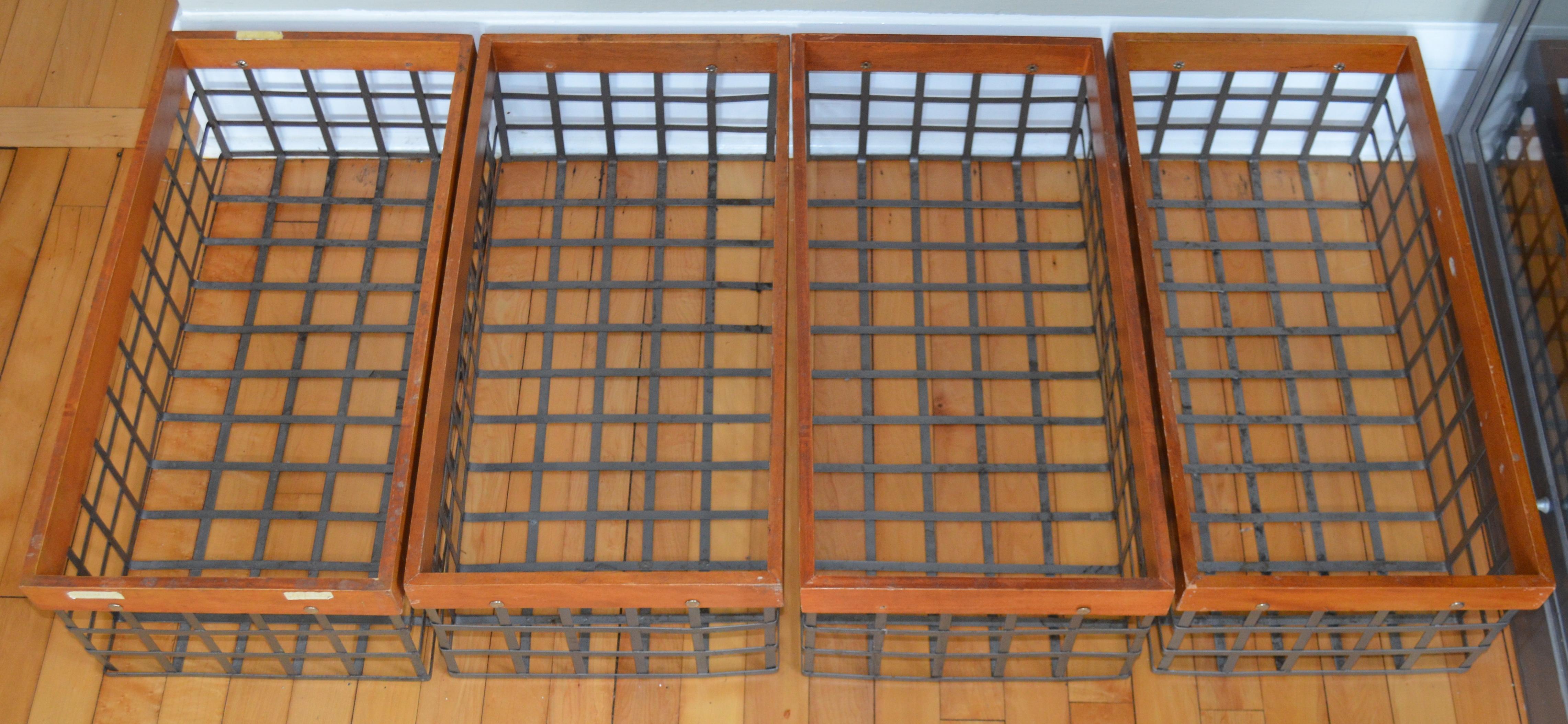 20th Century Set of 4 Bins Baskets of Steel and Wood, Several Vintage Sets Available For Sale