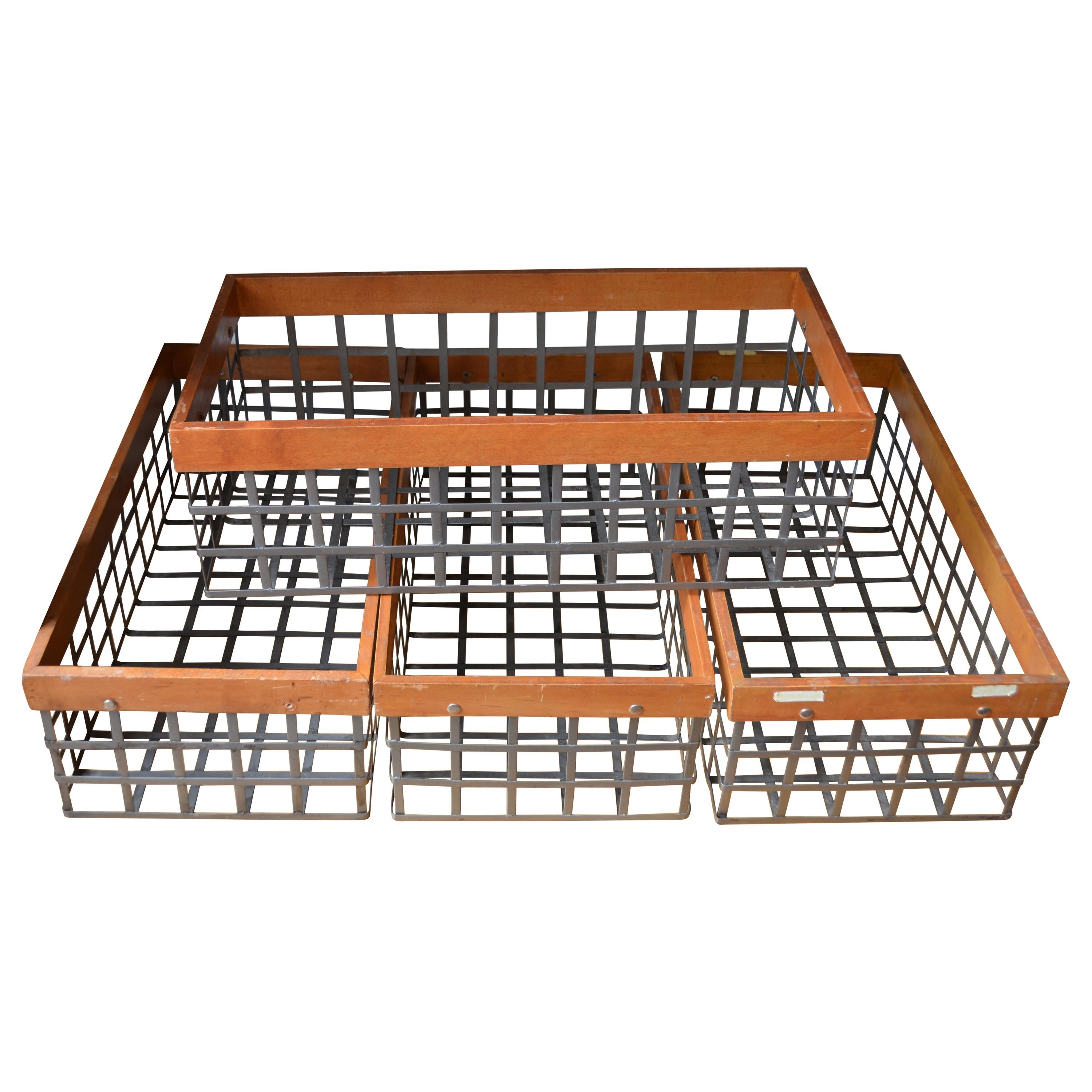Set of 4 Bins Baskets of Steel and Wood, Several Vintage Sets Available For Sale