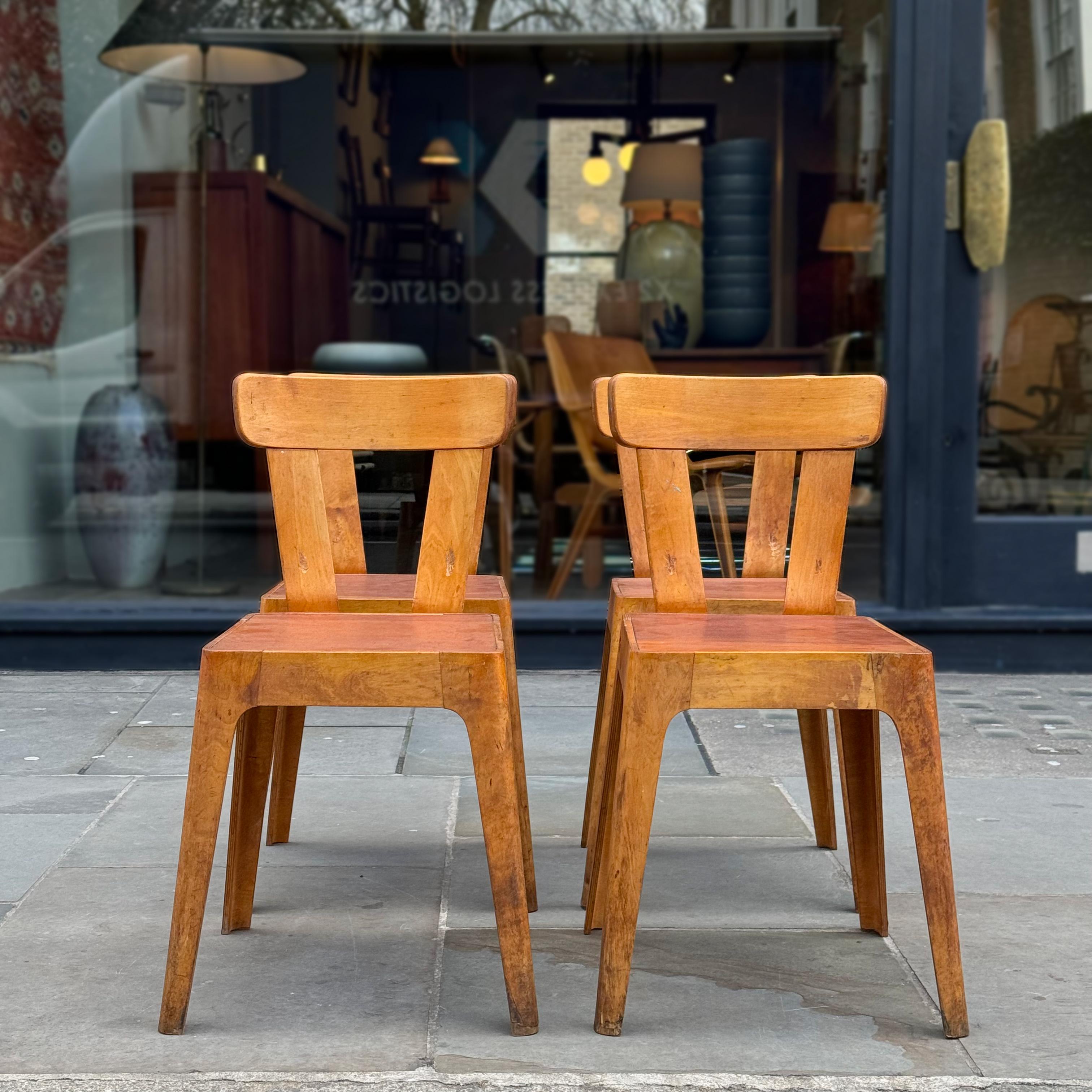A set of 4 laminated birch plywood chairs, made in Sweden during the early-1950s. 

Similar in form, although larger in dimension, this set of 4 birch plywood chairs resemble the form of midcentury plywood school chairs; light in weight and easily
