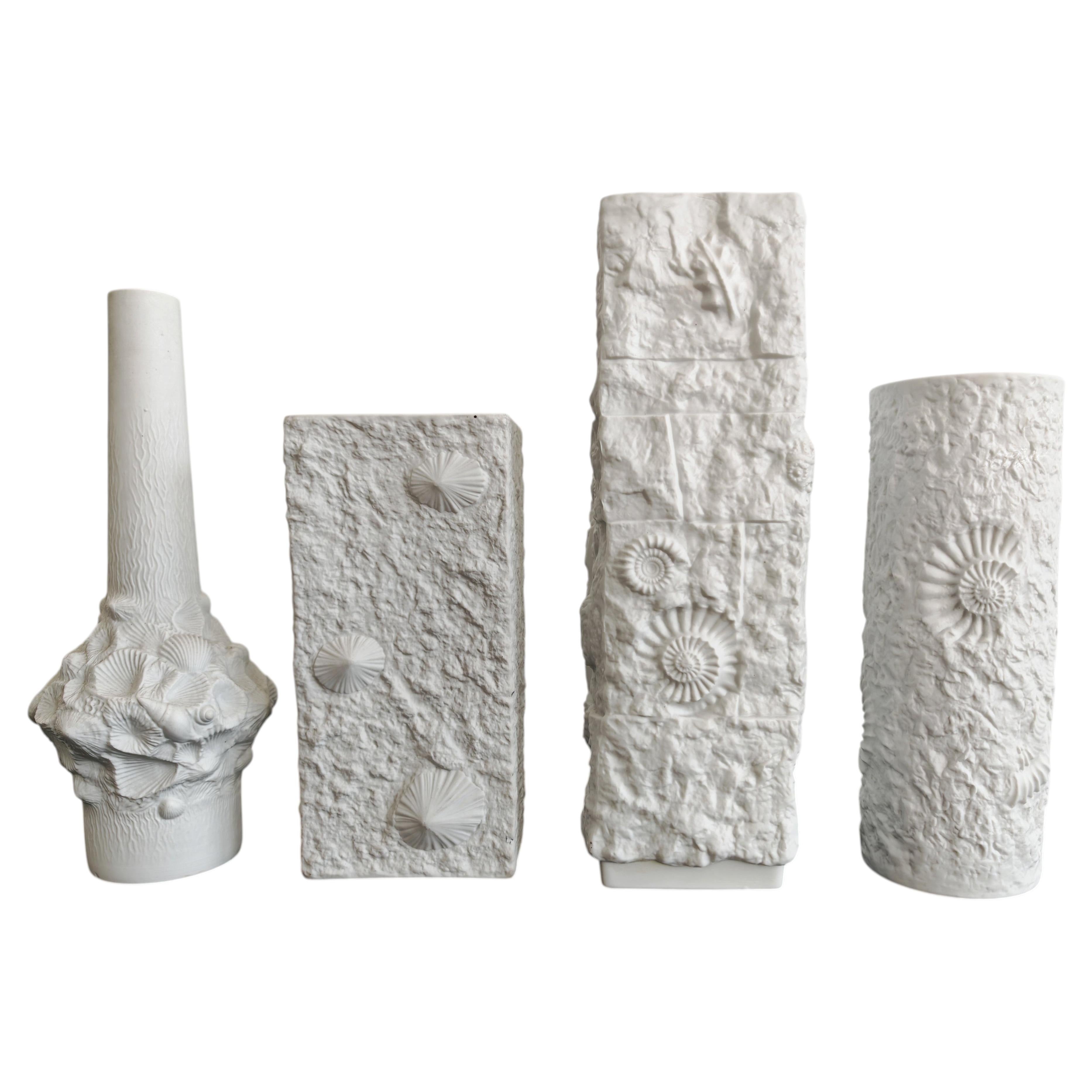 Set of 4 Bisque Porcelain Vases with seashell motives by Kaiser, Germany 1970s For Sale