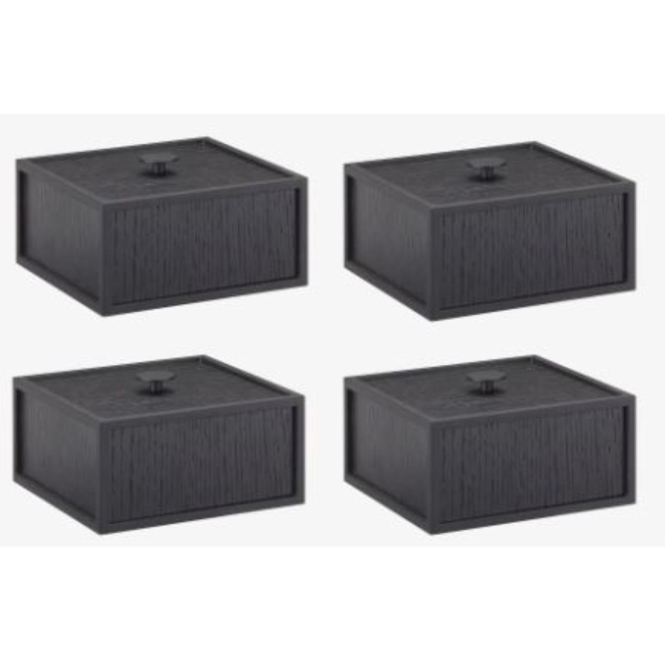 Set of 4 black ash frame 14 box by Lassen
Dimensions: D 10 x W 10 x H 7 cm 
Materials: Finér, Melamin, Melamine, Metal, Veneer
Weight: 1.10 Kg

Frame Box is a square box in a cubistic shape. The simple boxes are inspired by the Kubus
