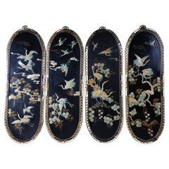 Set of 4 black Asian wall panels with mother-of-pearl inlays