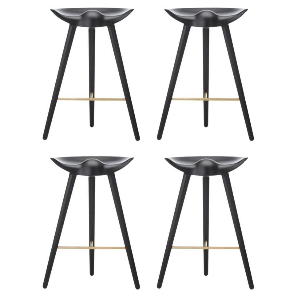 1970s Sculptural Brass and Black Leather Bar Counter Stools, Set of