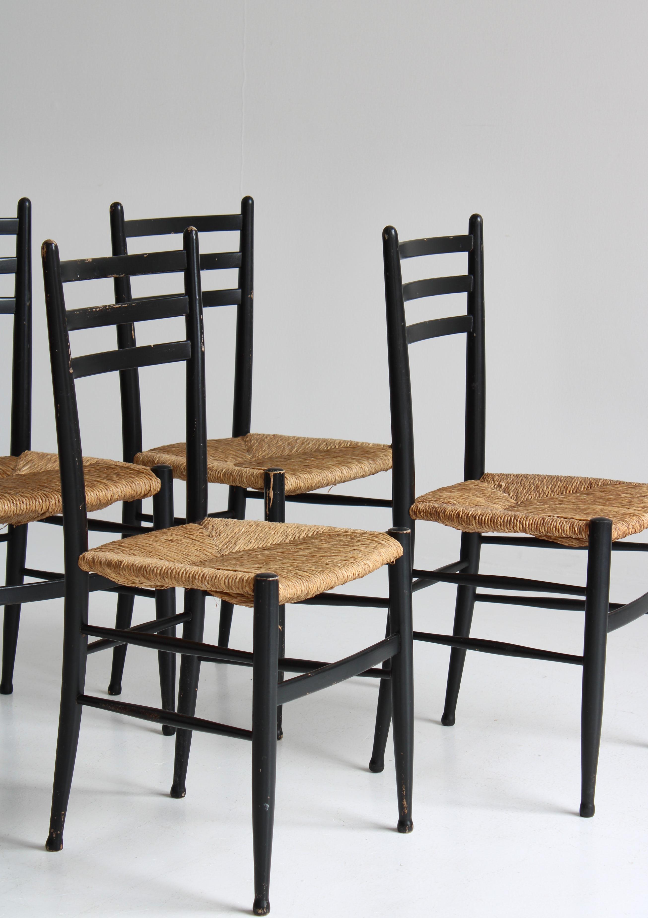 Set of 4 Black Dining Chairs Woven Seagrass Chairs by Gessef, Italy, 1960s 13
