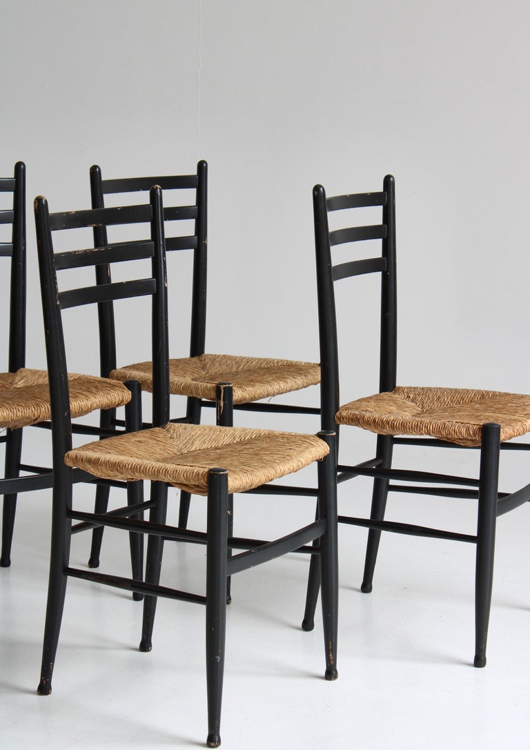Set of 4 Black Dining Chairs Woven Seagrass Chairs by Gessef, Italy