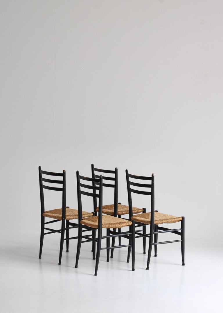 Set of 4 Black Dining Chairs Woven Seagrass Chairs by Gessef, Italy