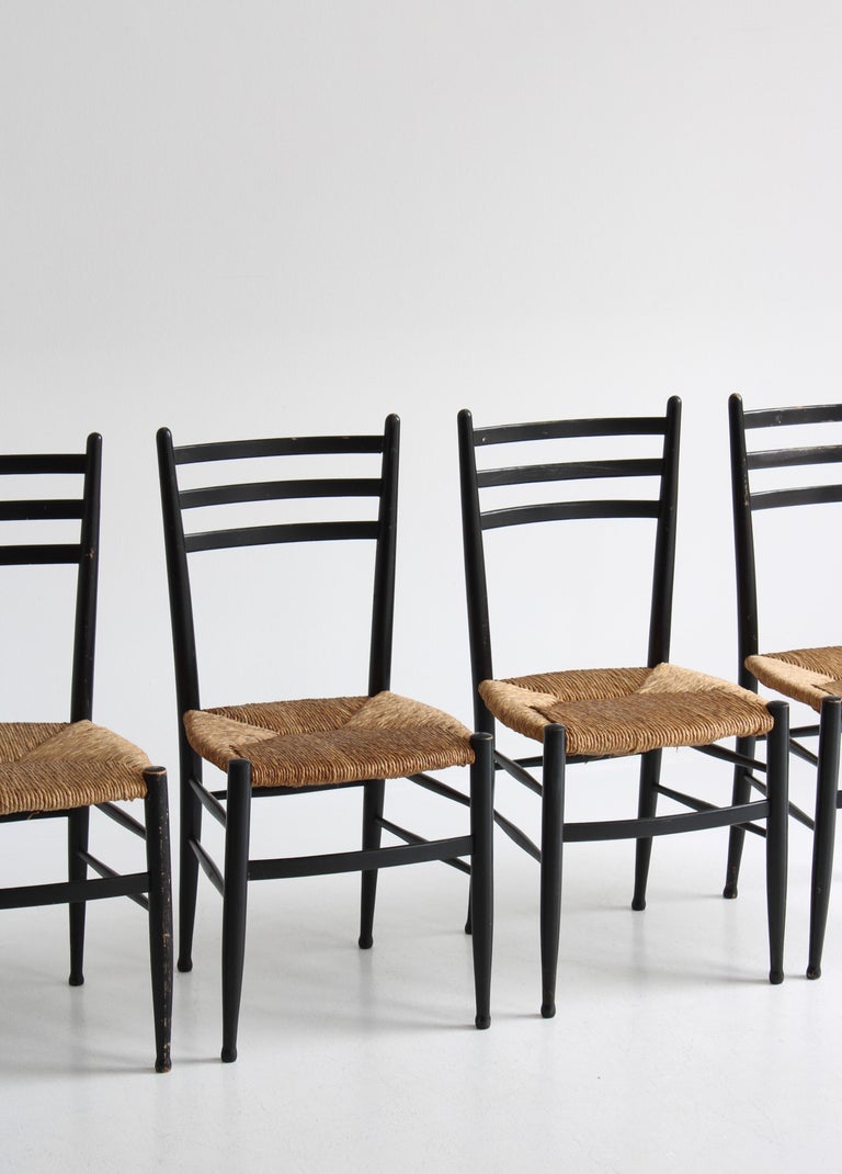Set of 4 Black Dining Chairs Woven Seagrass Chairs by Gessef, Italy