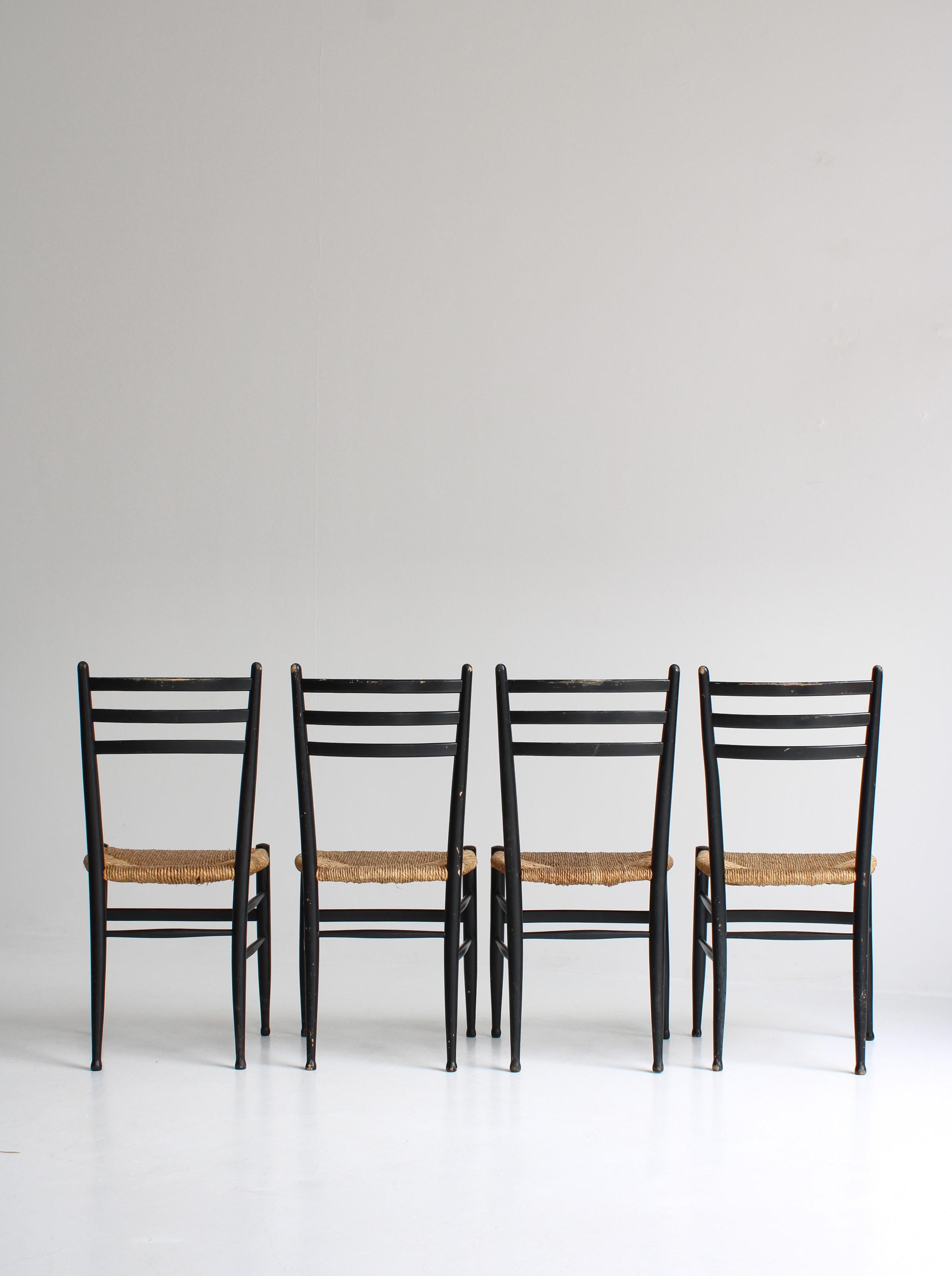 Set of 4 Black Dining Chairs Woven Seagrass Chairs by Gessef, Italy, 1960s 1