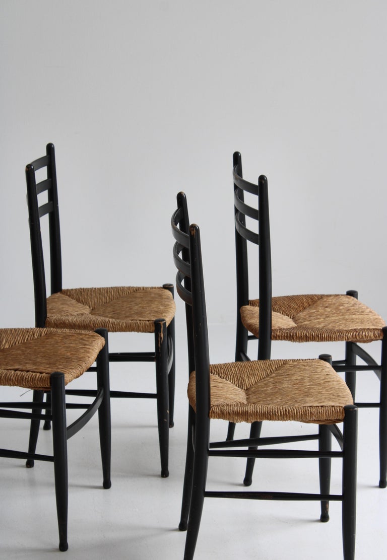 Set of 4 Black Dining Chairs Woven Seagrass Chairs by Gessef, Italy