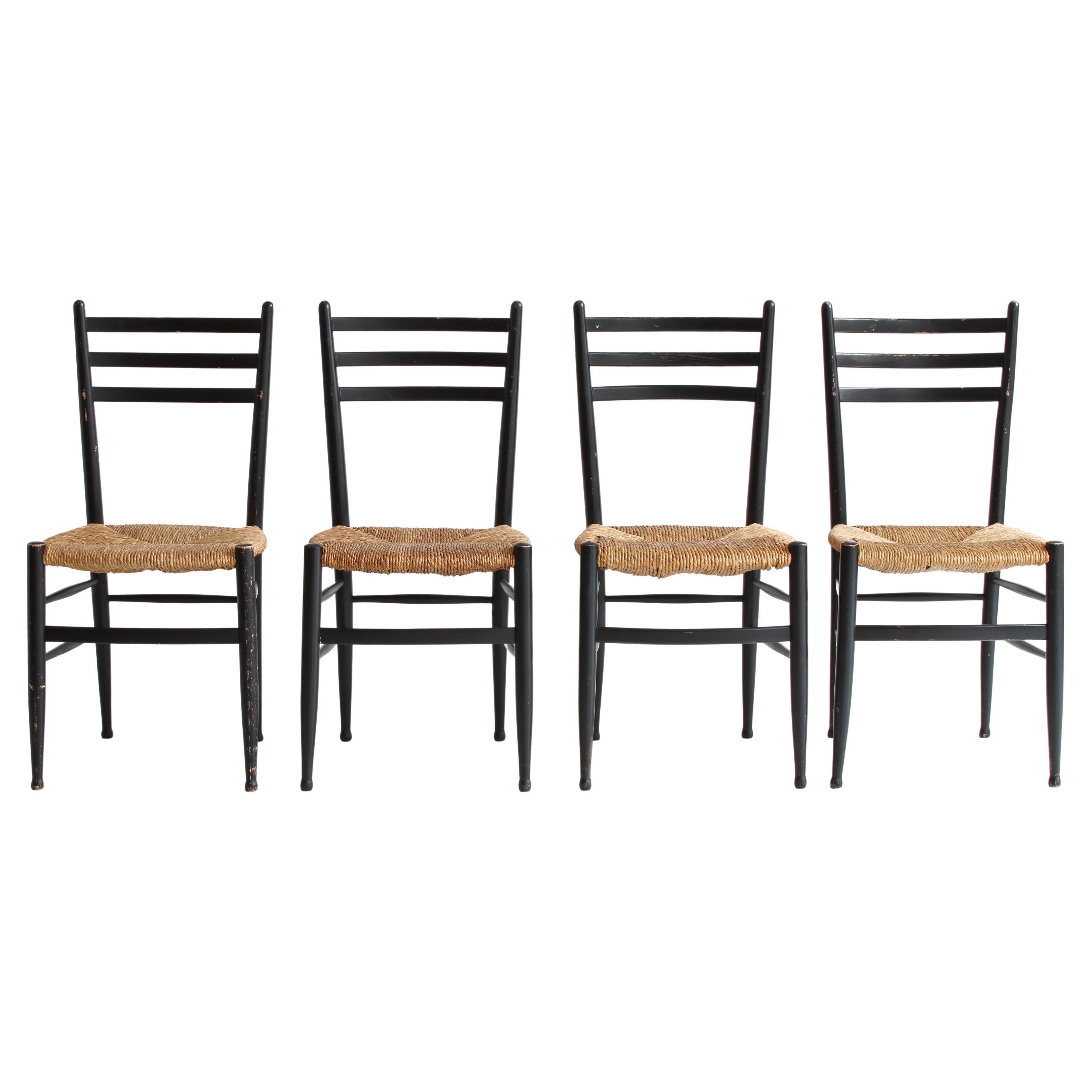 Set of 4 Black Dining Chairs Woven Seagrass Chairs by Gessef, Italy, 1960s