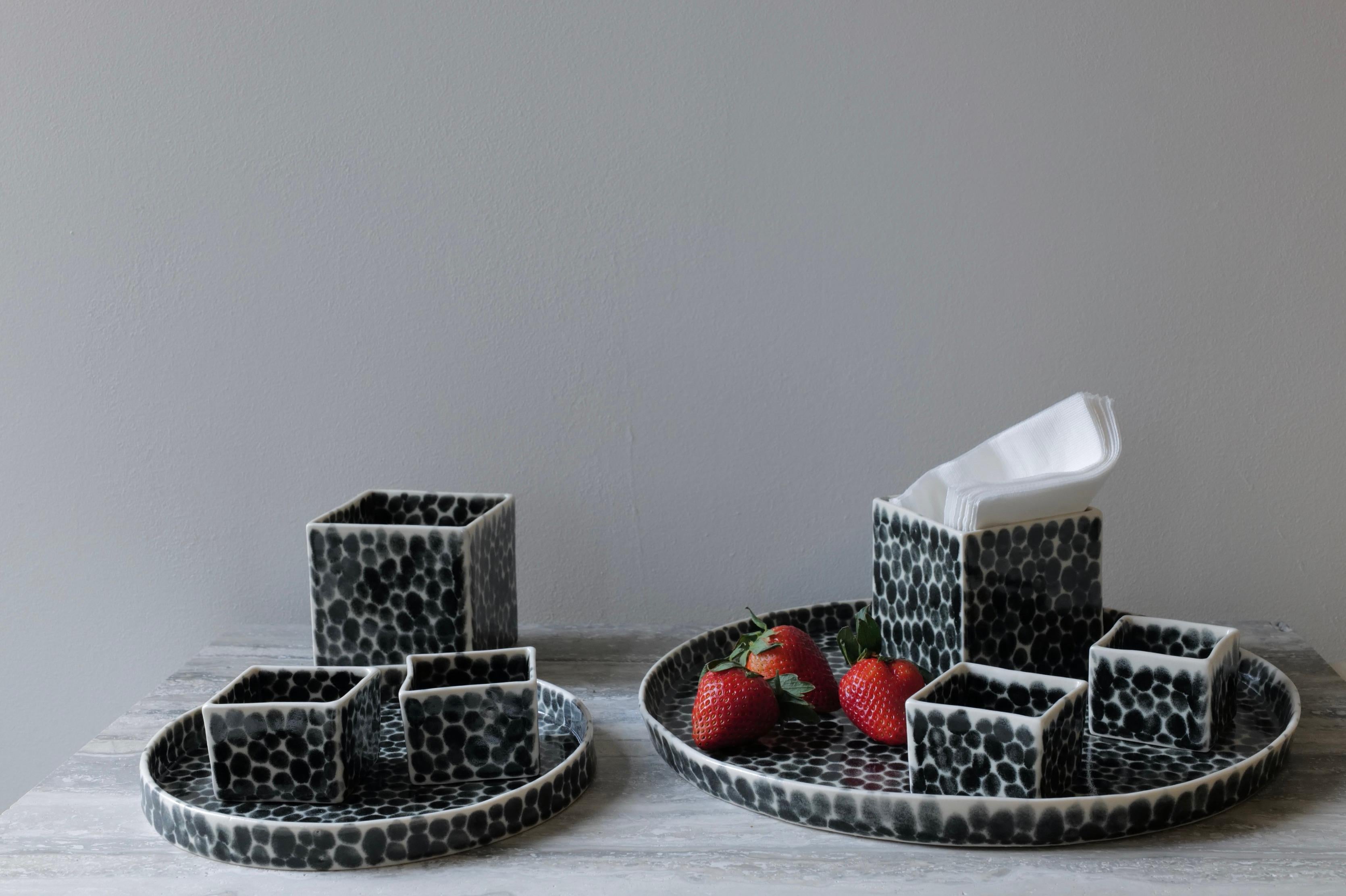 Set of 4 Black Dots Porcelain Cubes by Lana Kova For Sale 8