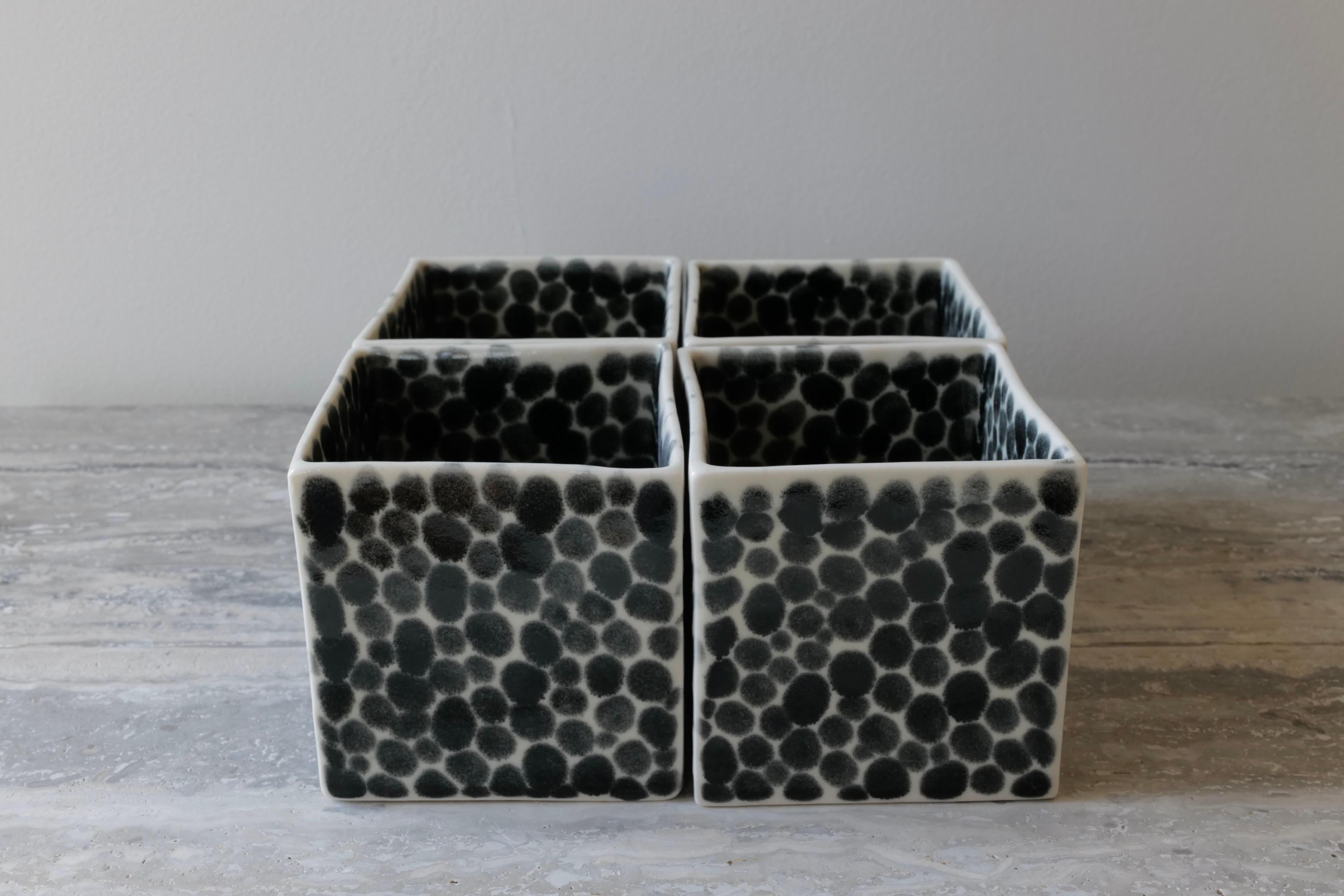 Minimalist Set of 4 Black Dots Porcelain Cubes by Lana Kova For Sale