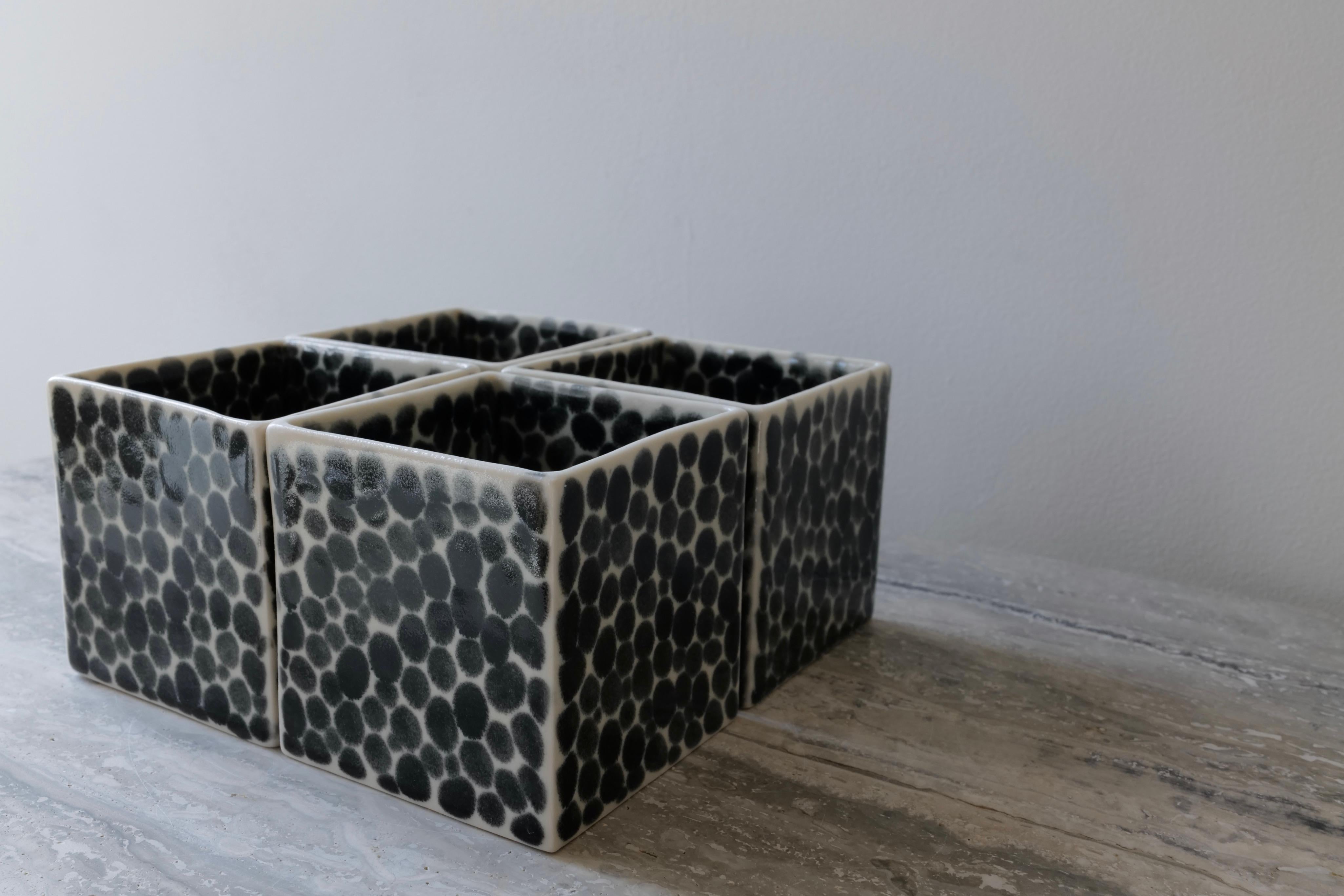 Contemporary Set of 4 Black Dots Porcelain Cubes by Lana Kova For Sale