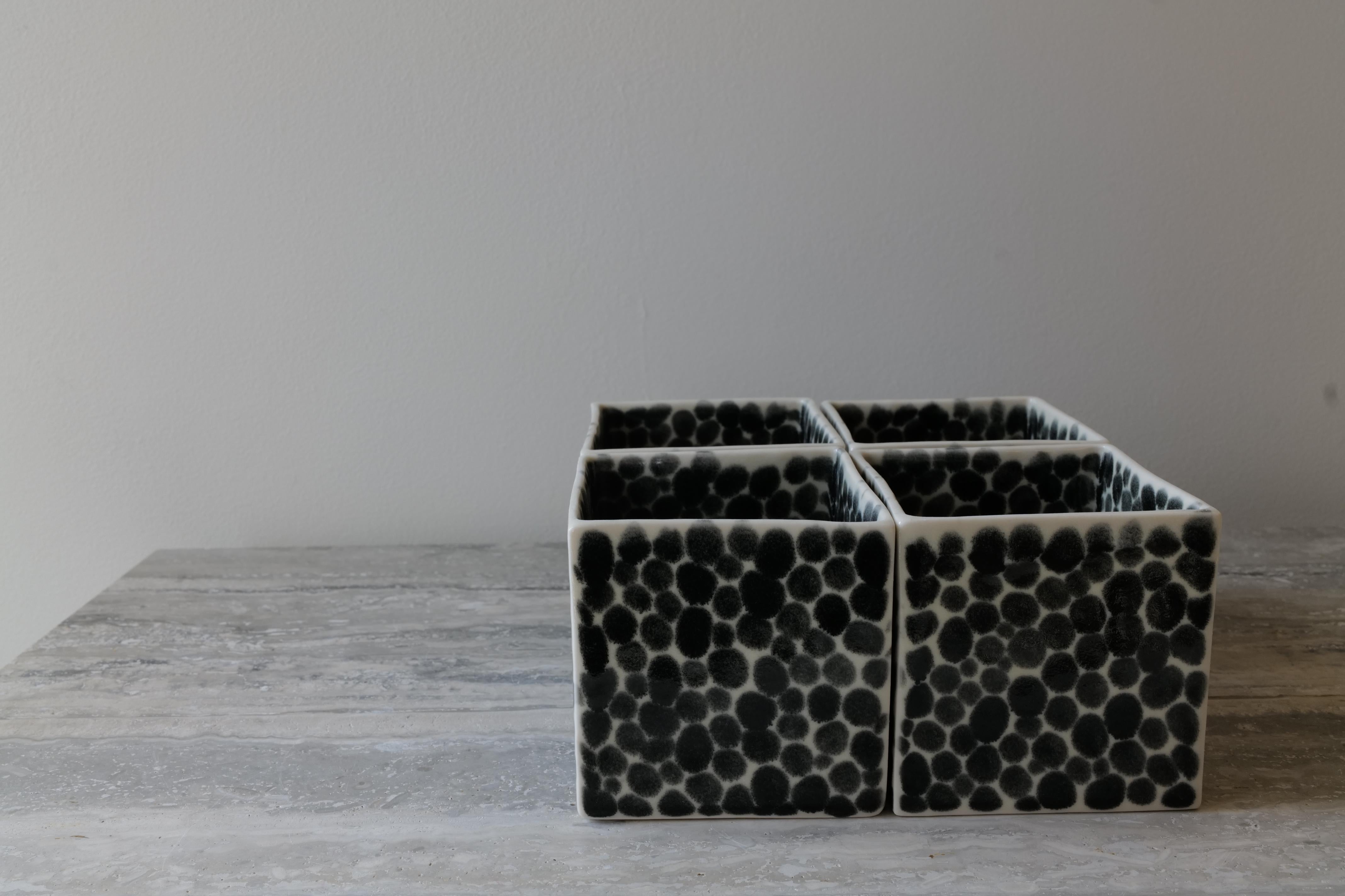 Ceramic Set of 4 Black Dots Porcelain Cubes by Lana Kova For Sale
