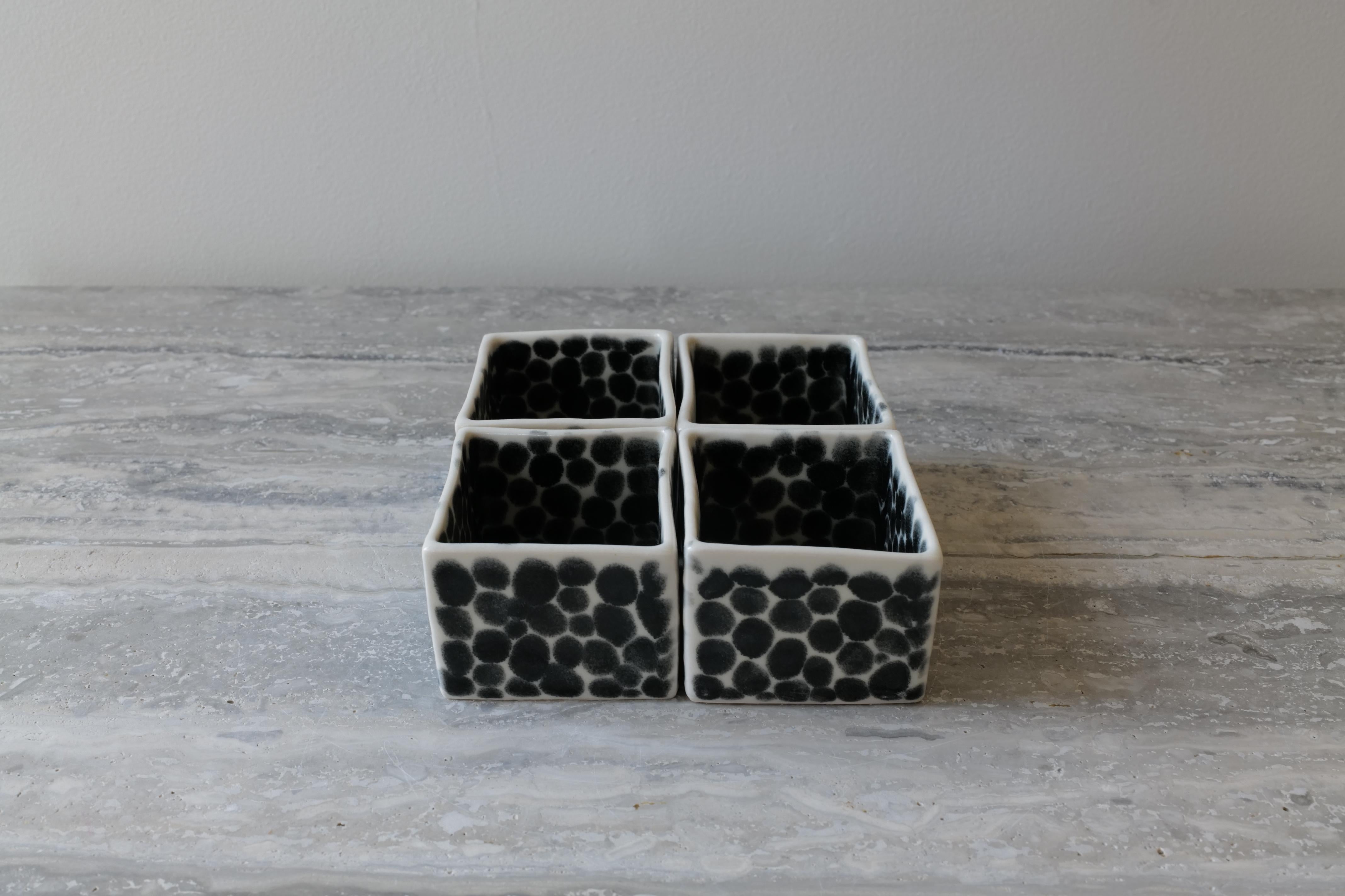 Hand-Crafted Set of 4 Black Dots Porcelain Small Cubes by Lana Kova For Sale