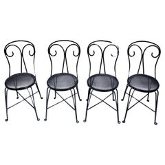 Vintage Set of 4 Black Enamel Wrought Iron Spring Wire Seat Garden Chairs, 1940s