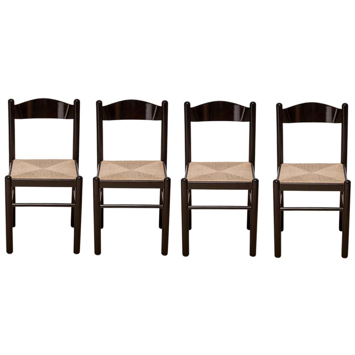 Magistretti Style Black Lacquer Dining Chairs with Rush Seats