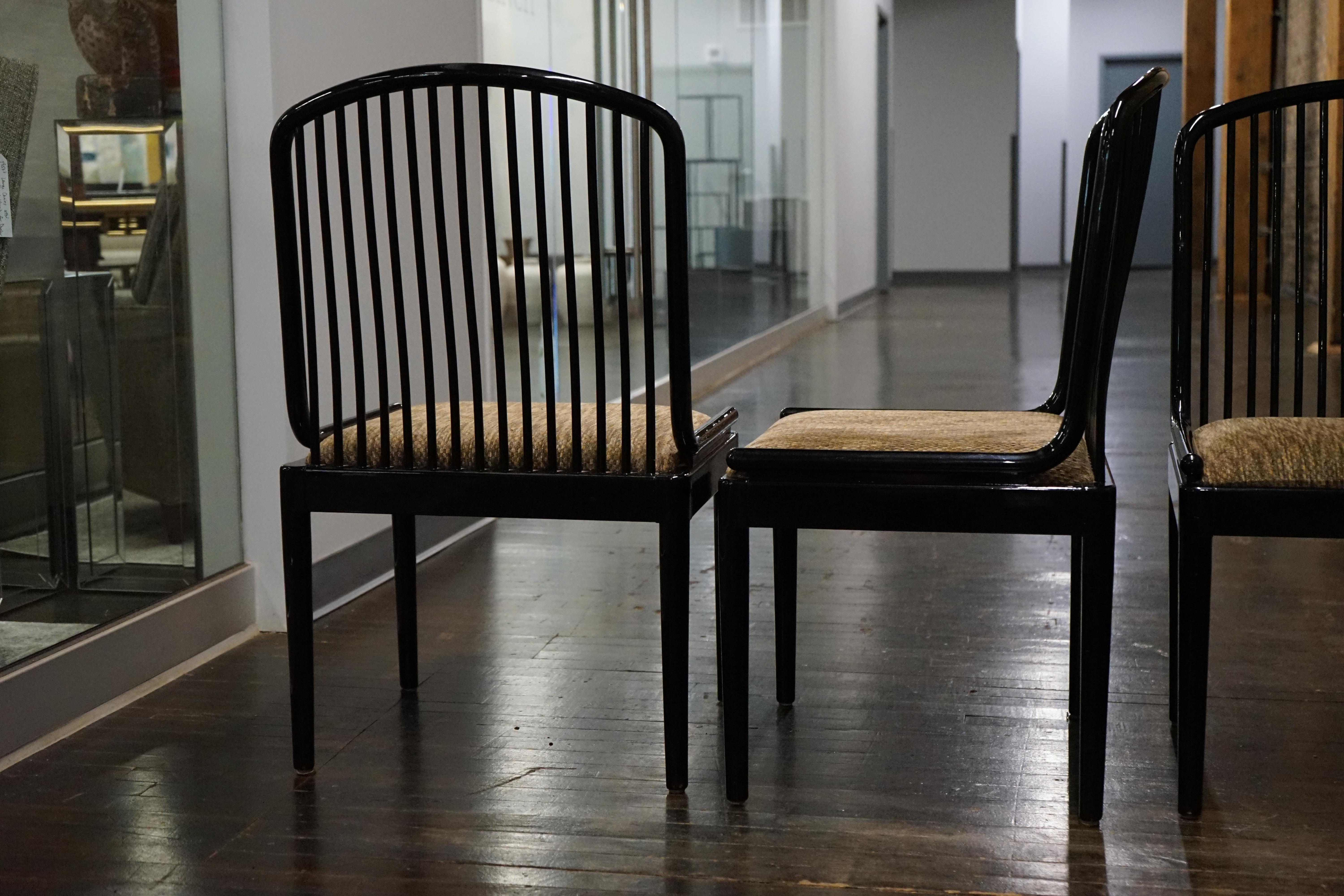 Set of 4 Black Lacquer Spindel Back Dining Chairs Attributed to Davis Allen In Good Condition For Sale In Chicago, IL