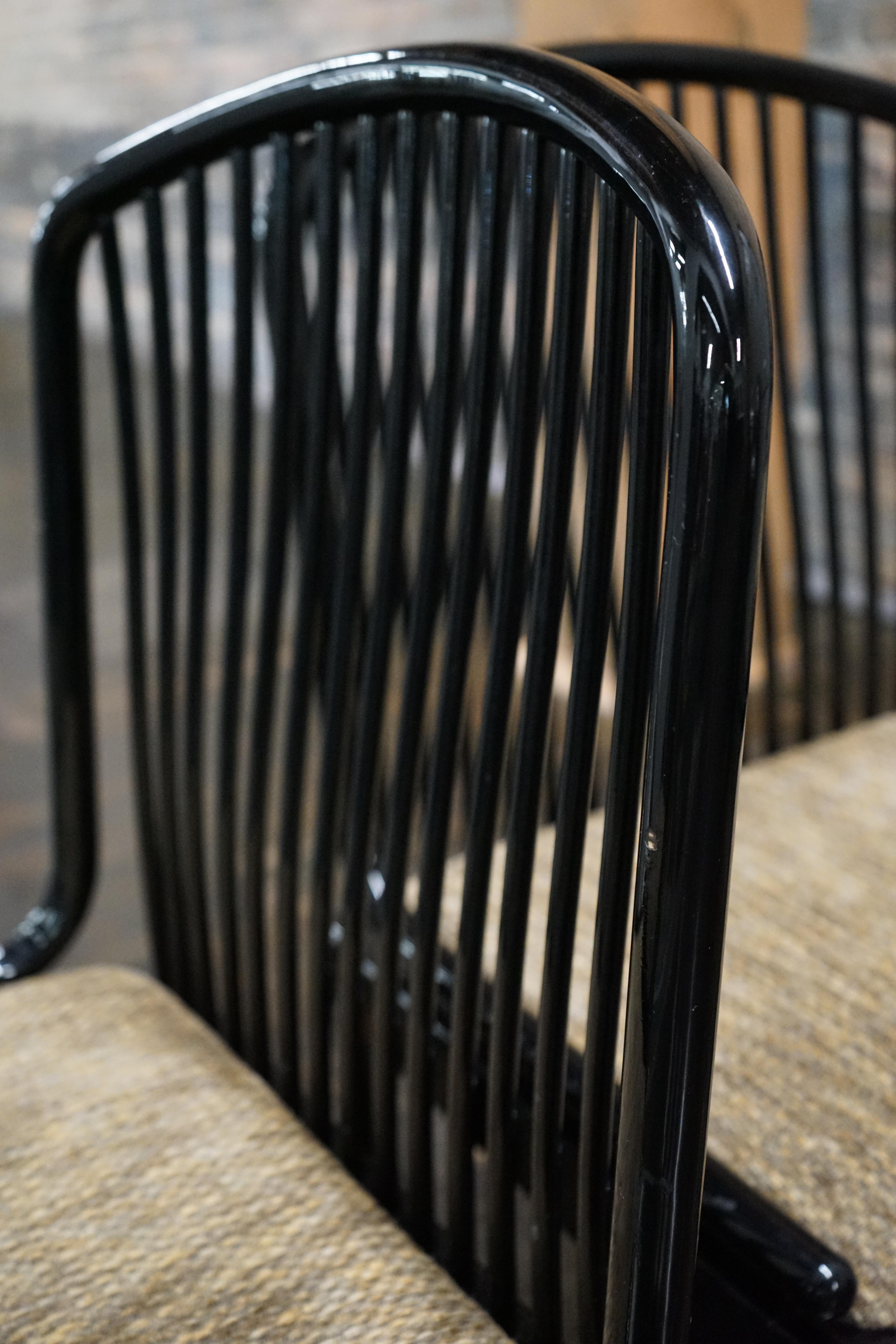 Upholstery Set of 4 Black Lacquer Spindel Back Dining Chairs Attributed to Davis Allen For Sale