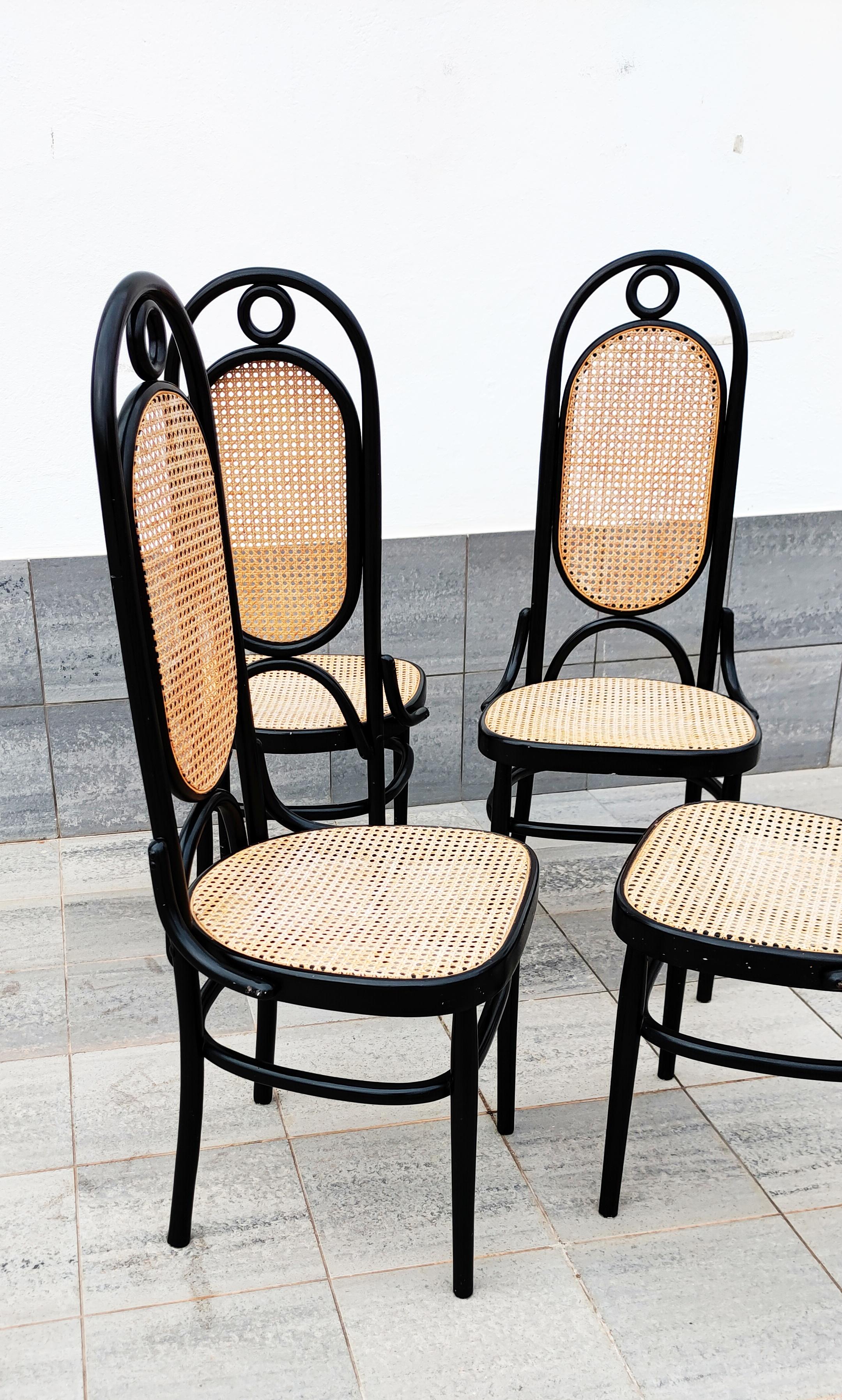 Rare set of 4 black lacquered Thonet N 17 high back dining chairs, manufactured in France in 1960s. In good vintage condition.