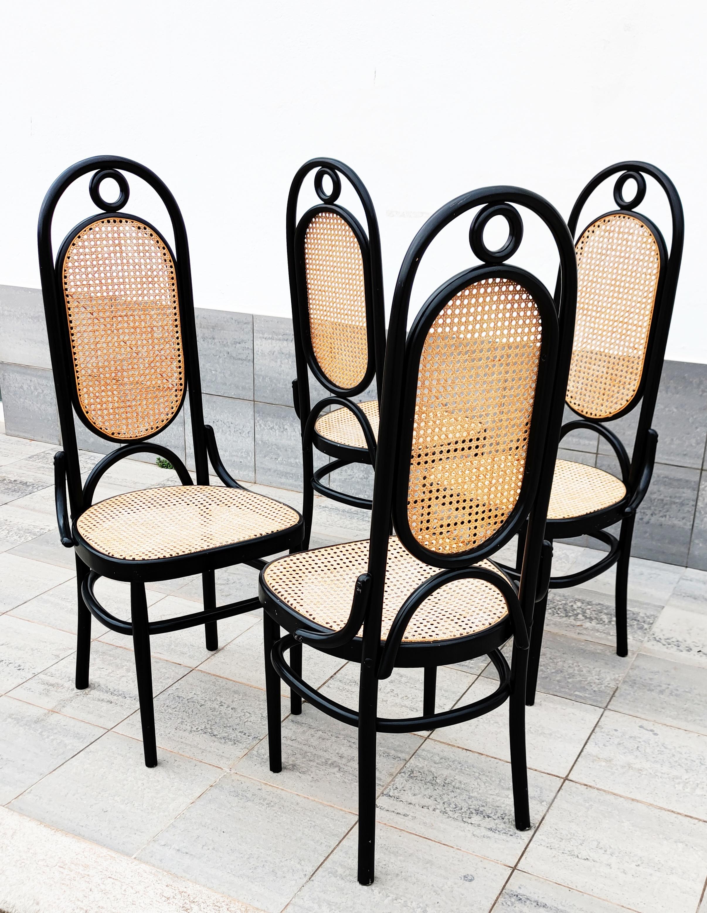 French Set of 4 Black Lacquered Thonet N 17 High Back Dining Chairs
