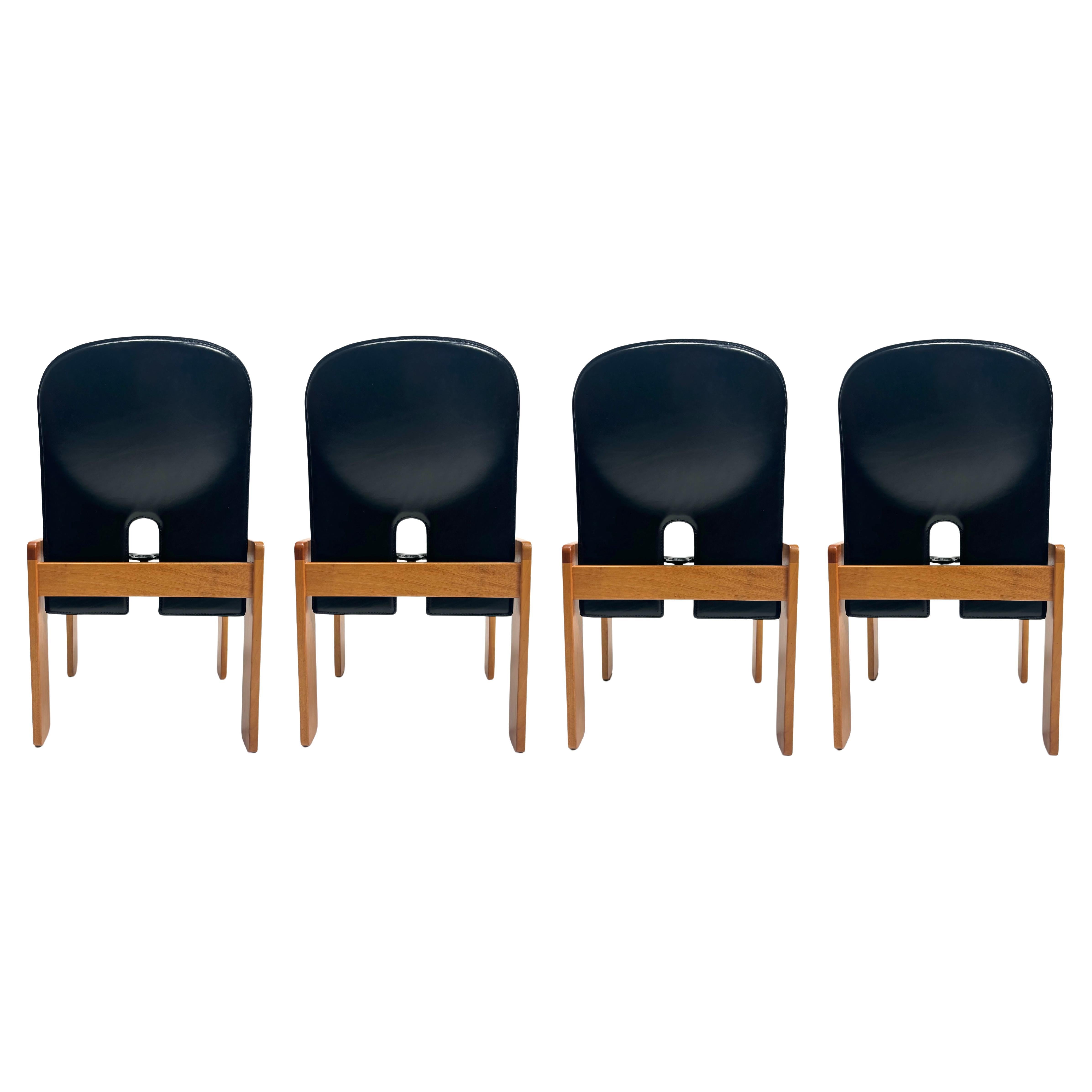 Set of 4 Black Leather "121" Chairs by Tobia Scarpa for Cassina, Italy, 1967 For Sale