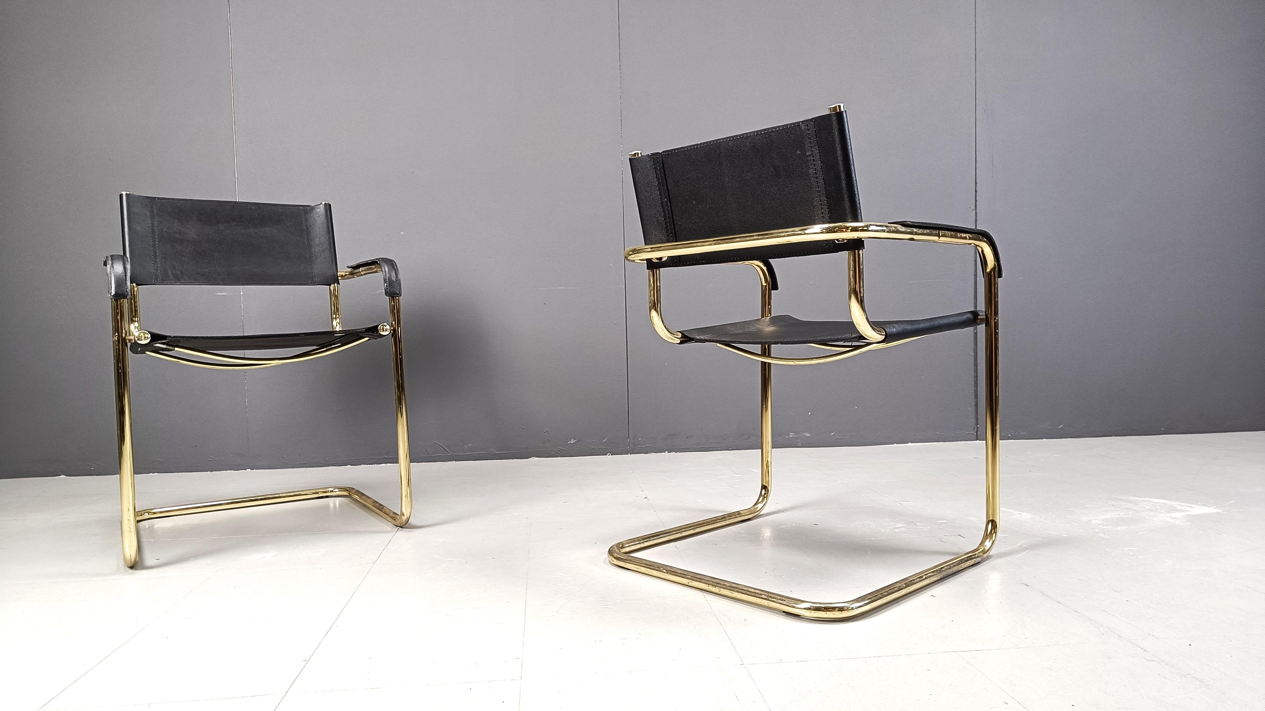 Set of 4 black leather and brass cantilever dining chairs - 1970s 3