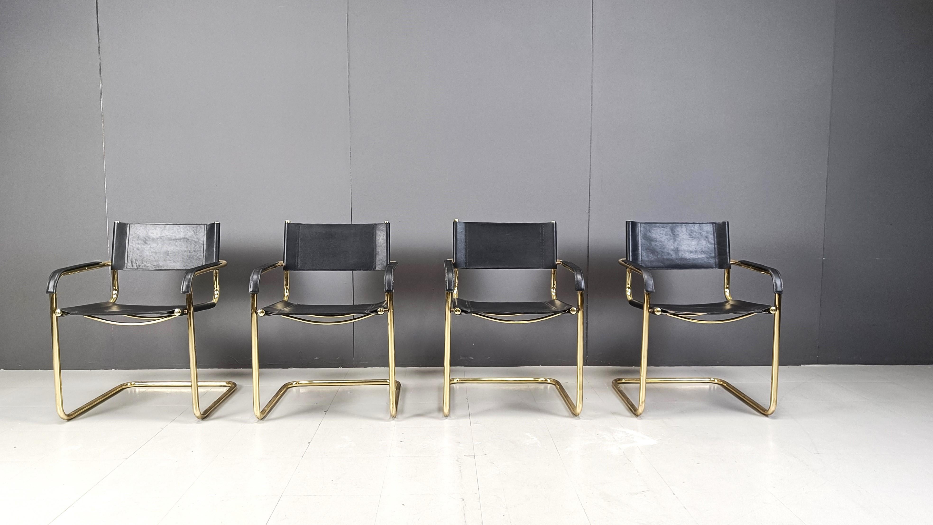 Bauhaus Set of 4 black leather and brass cantilever dining chairs - 1970s