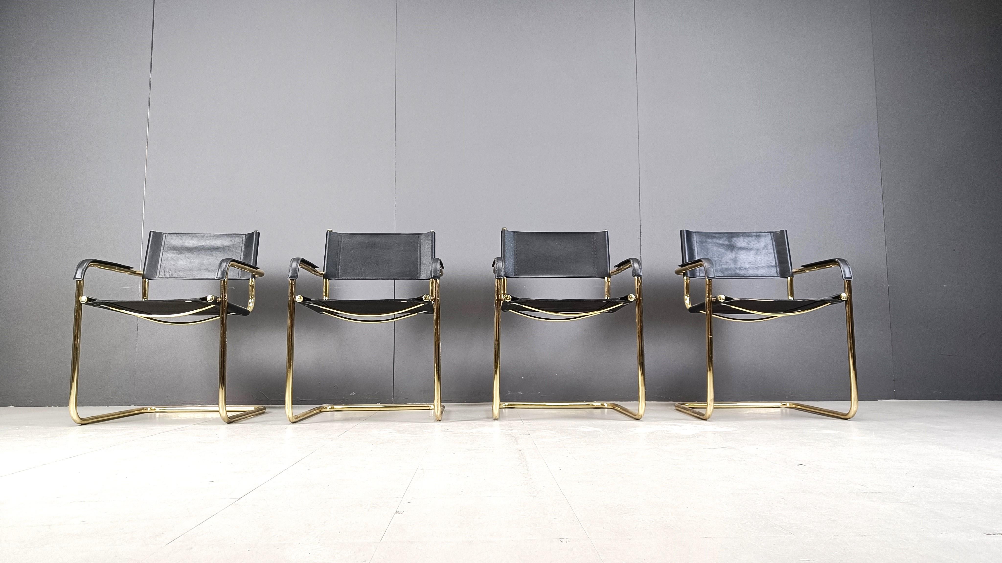 Italian Set of 4 black leather and brass cantilever dining chairs - 1970s