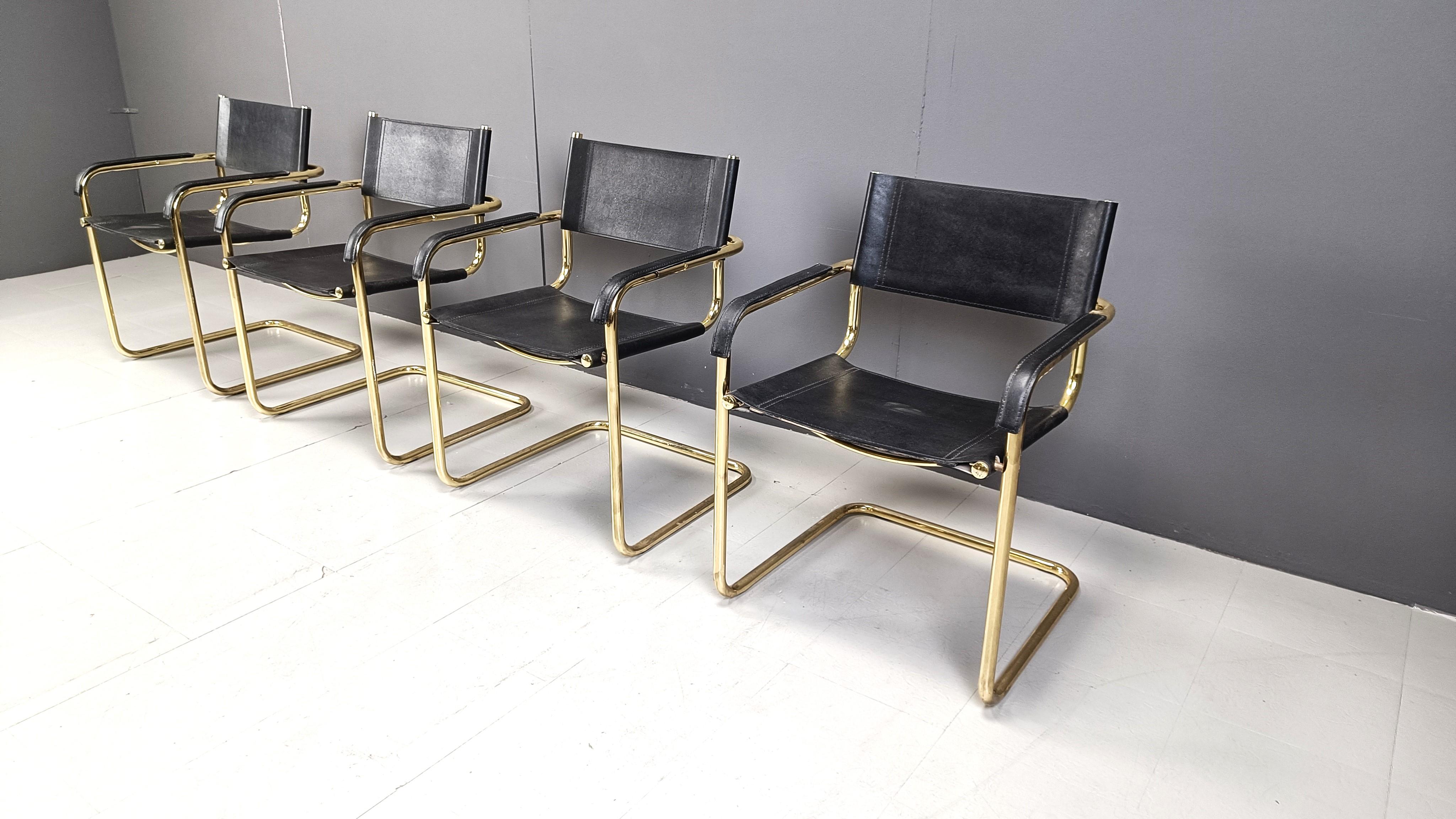 Late 20th Century Set of 4 black leather and brass cantilever dining chairs - 1970s