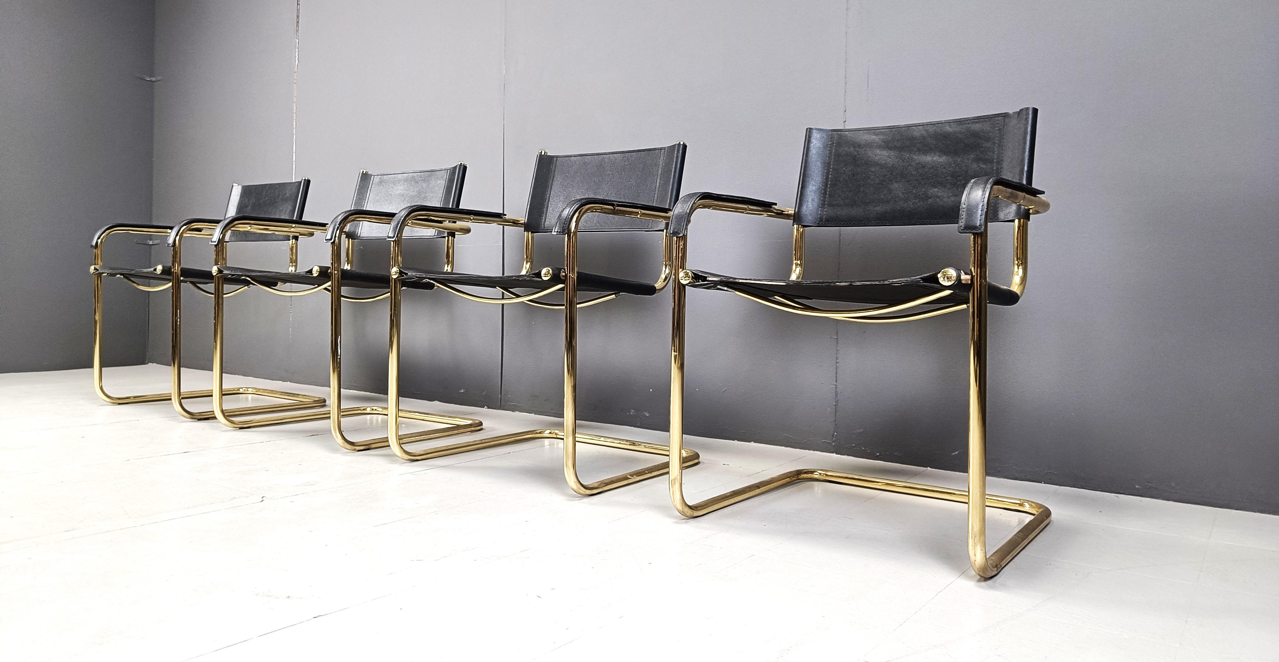 Brass Set of 4 black leather and brass cantilever dining chairs - 1970s