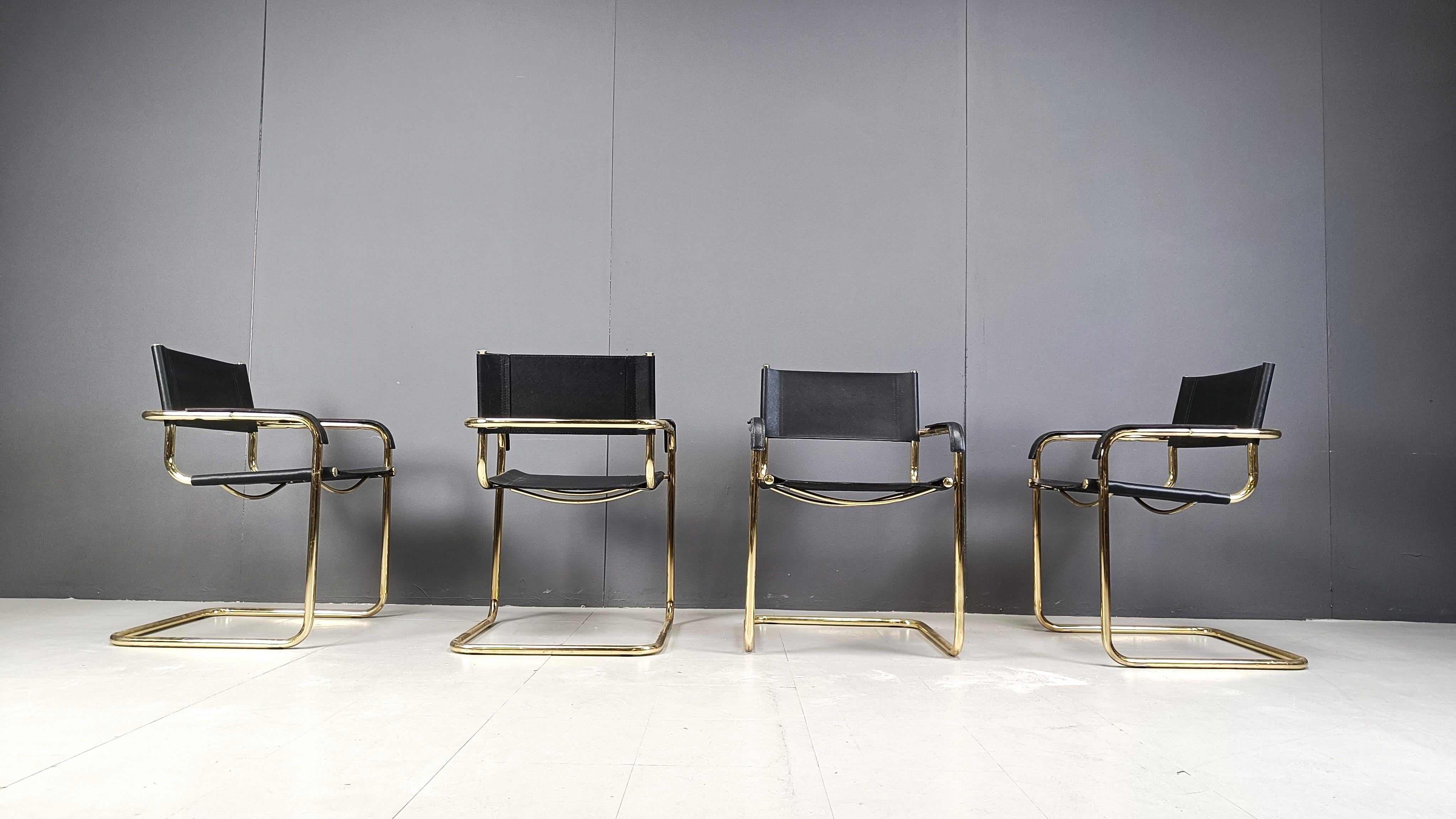 Set of 4 black leather and brass cantilever dining chairs - 1970s 1