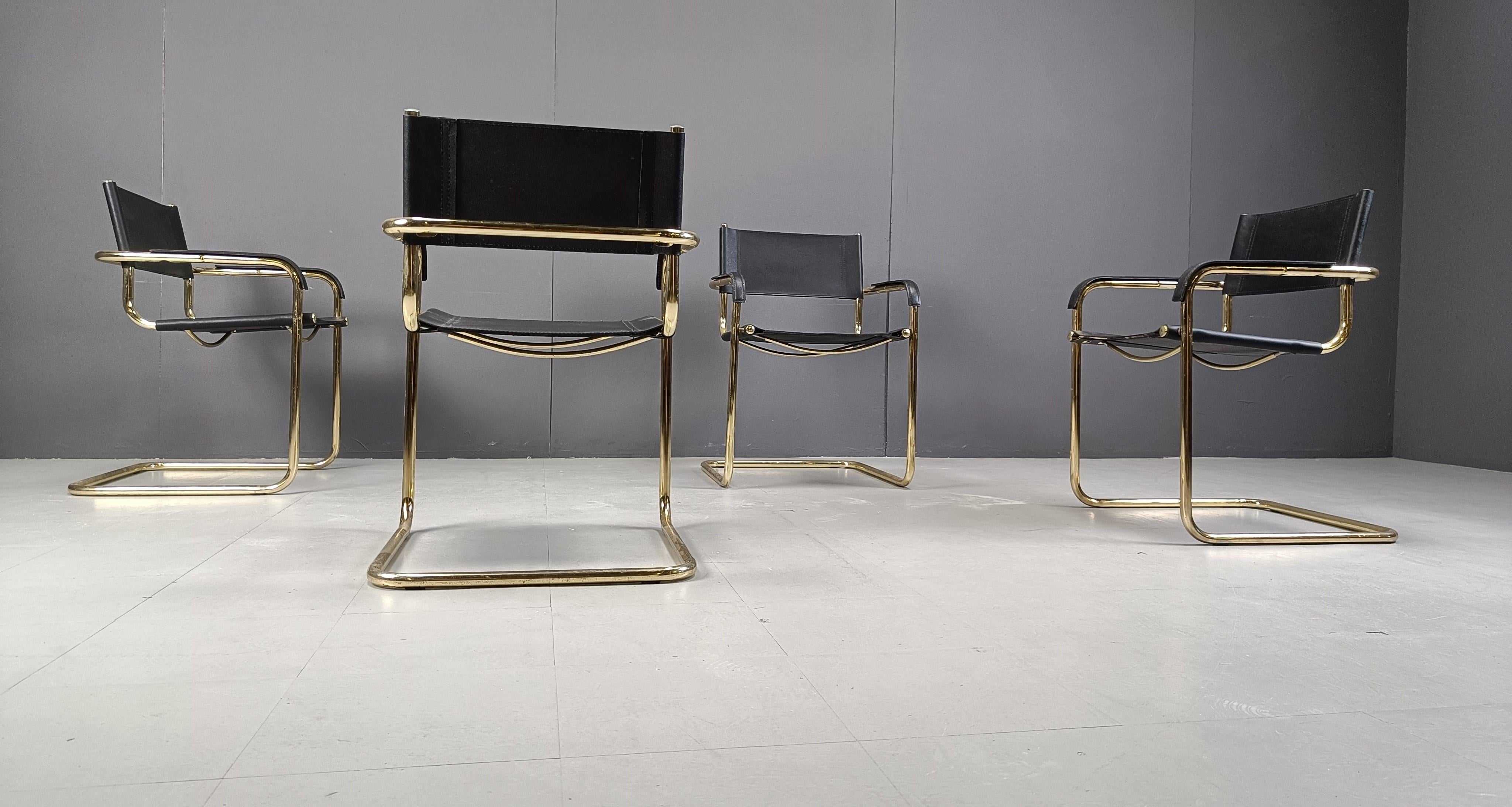 Set of 4 black leather and brass cantilever dining chairs - 1970s 2