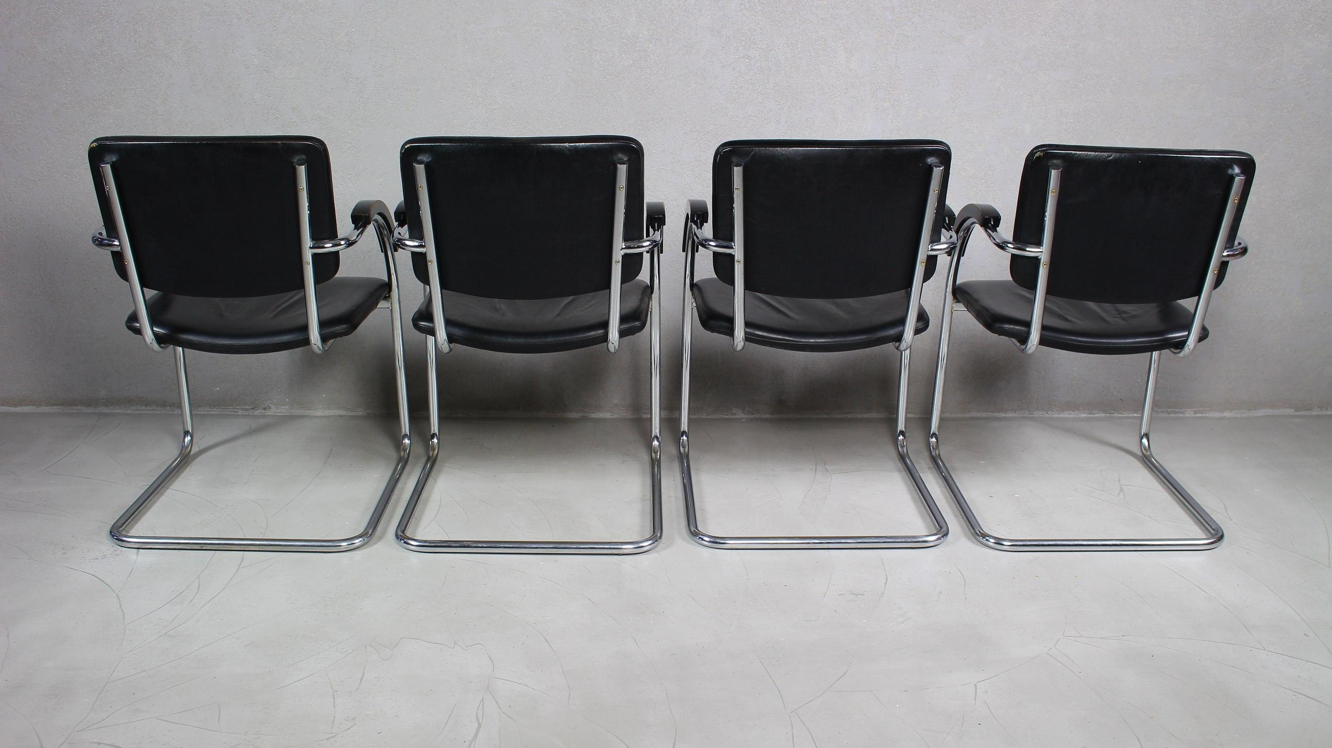 Set of 4 Black Leather and Chrome Armchairs For Sale 7