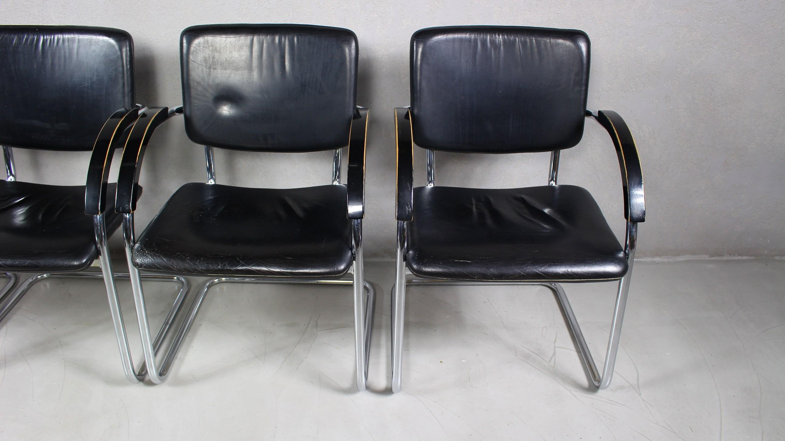 Faux Leather Set of 4 Black Leather and Chrome Armchairs For Sale