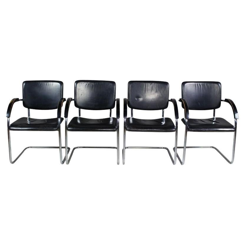 Set of 4 Black Leather and Chrome Armchairs For Sale