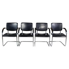 Set of 4 Black Leather and Chrome Armchairs
