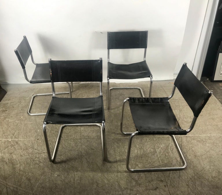 Set of 4 Black Leather and Chrome Bauhaus Style Side Chairs After Mart