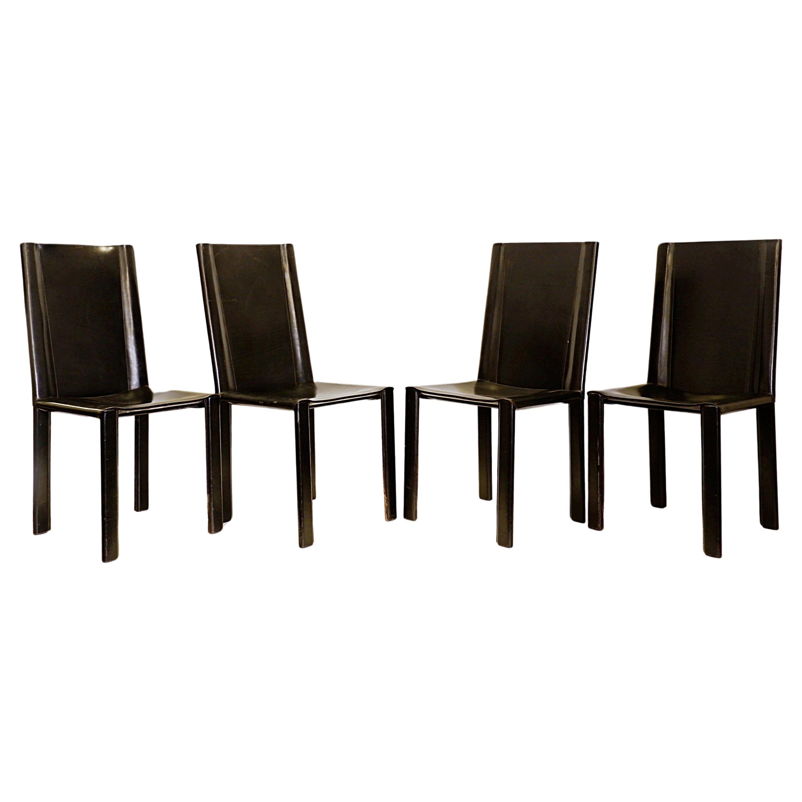 Set Of 4 Black Leather Chairs by Matteo Grassi For Sale