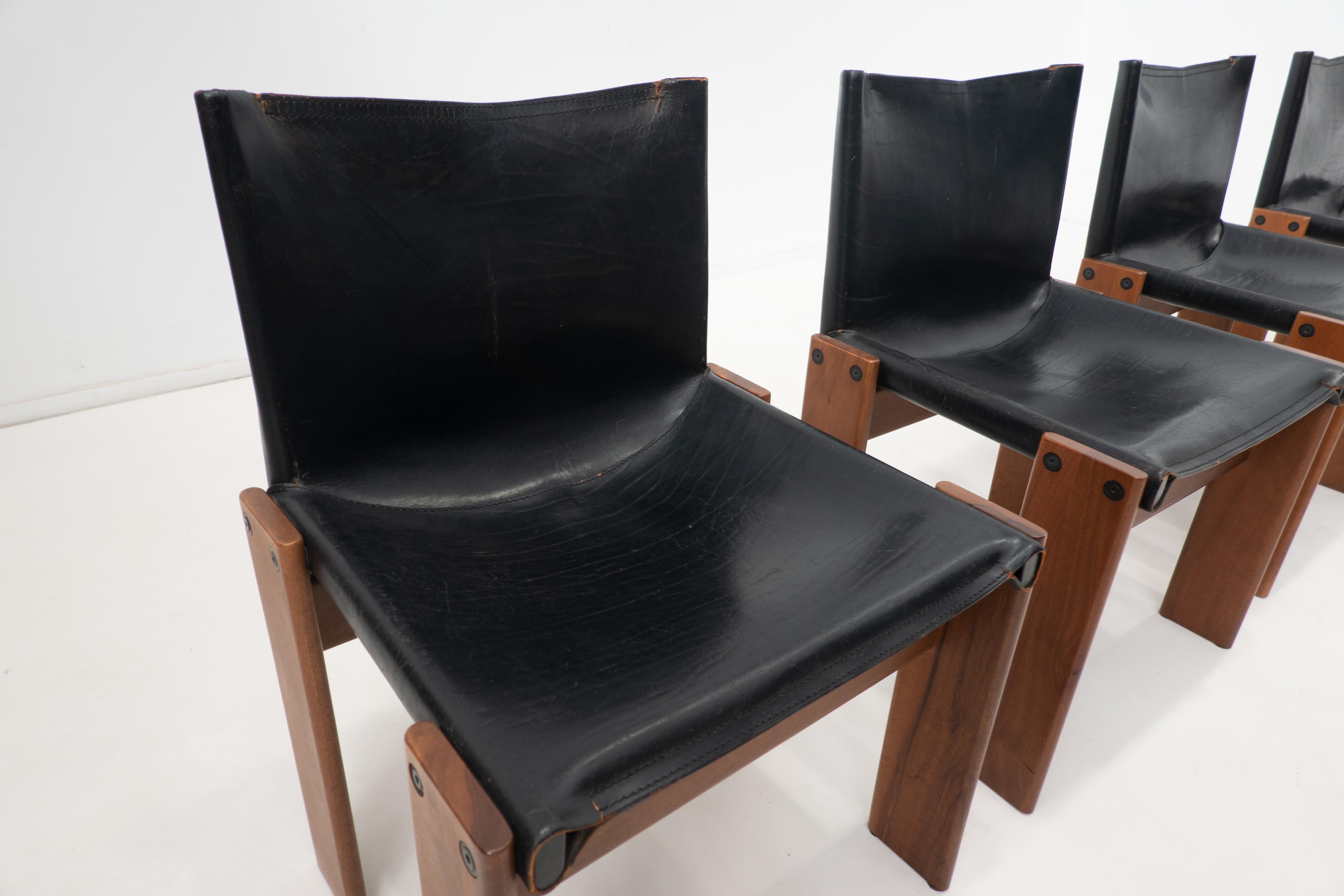 European Set of 4 Black Leather Chairs Model 