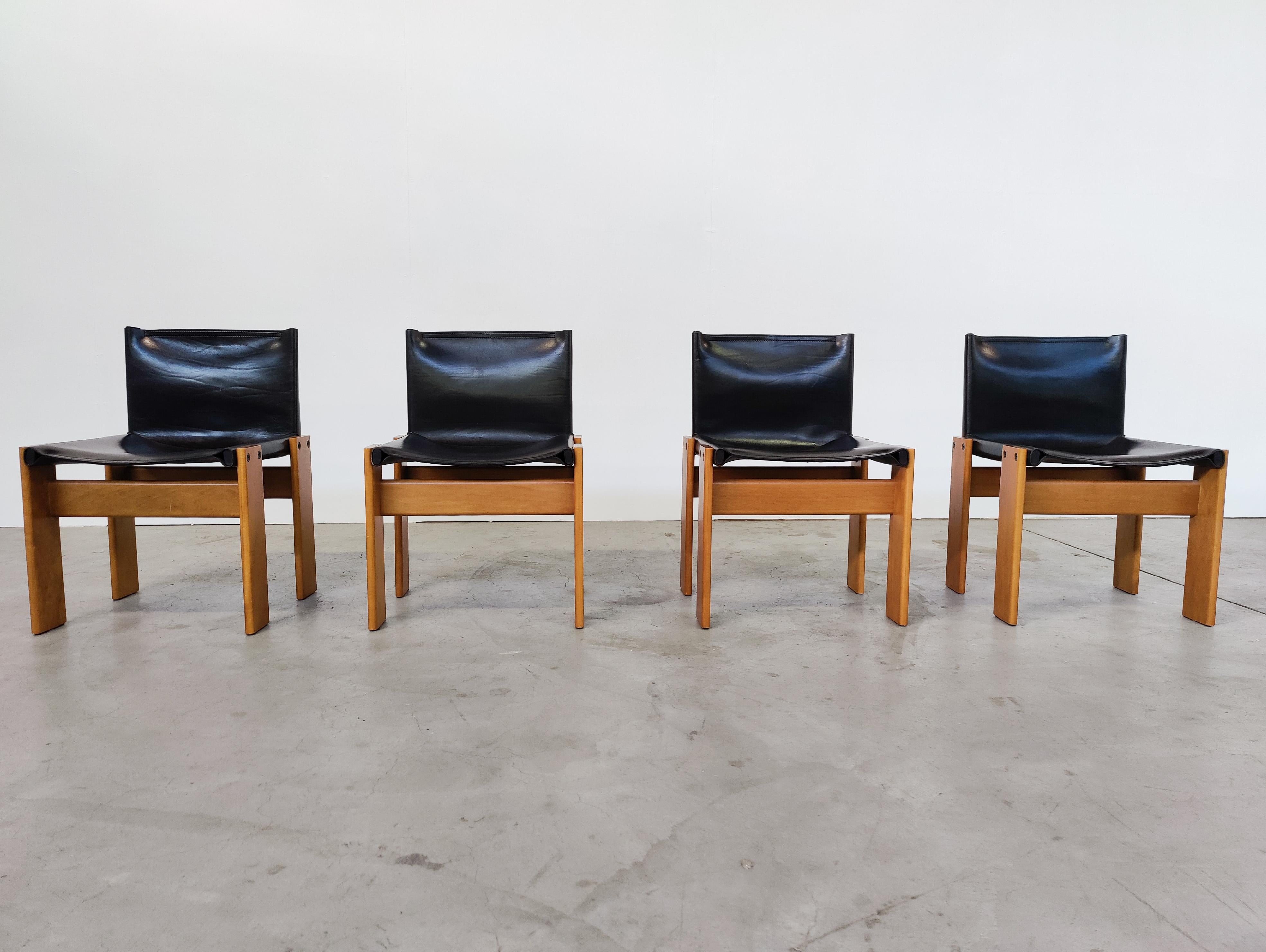 Italian Set of 4 Black Leather Chairs Model 