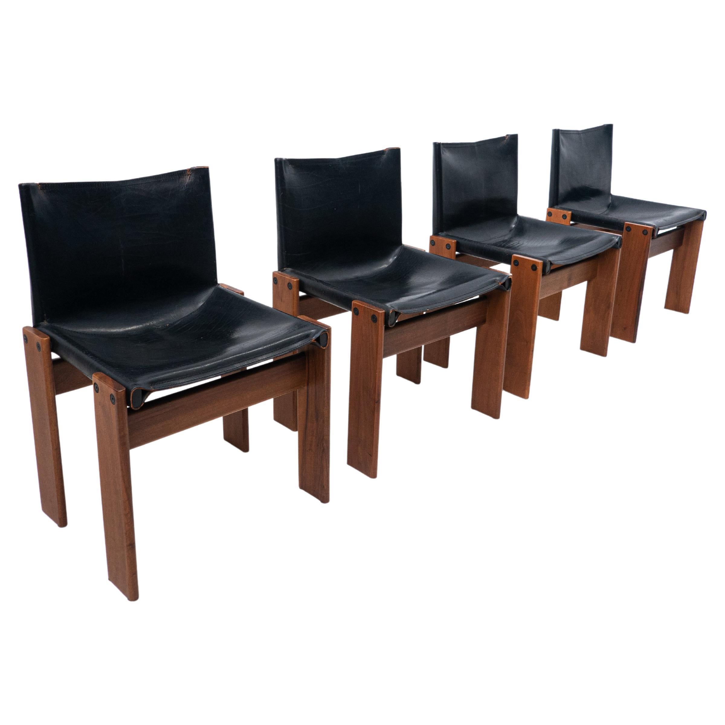 Set of 4 Black Leather Chairs Model "Monk" by Afra and Tobia Scarpa for Molteni For Sale