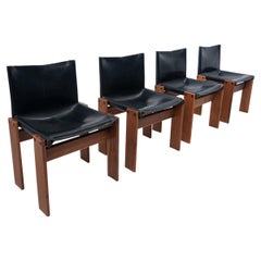 Vintage Set of 4 Black Leather Chairs Model "Monk" by Afra and Tobia Scarpa for Molteni