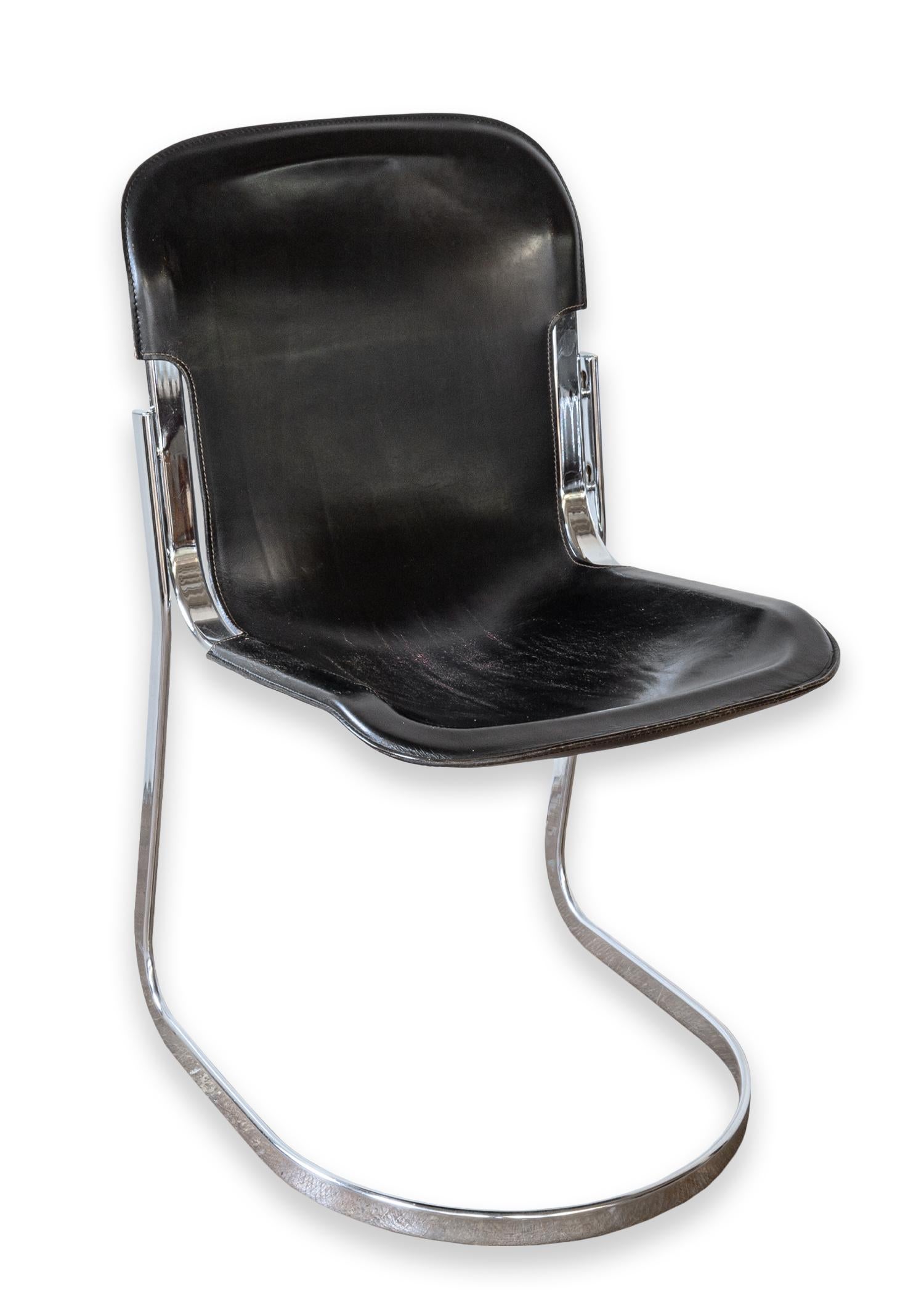 Mid-Century Modern Set of 4 Black Leather Chrome Cantilever Chairs by Willy Rizzo for Cidue Italy
