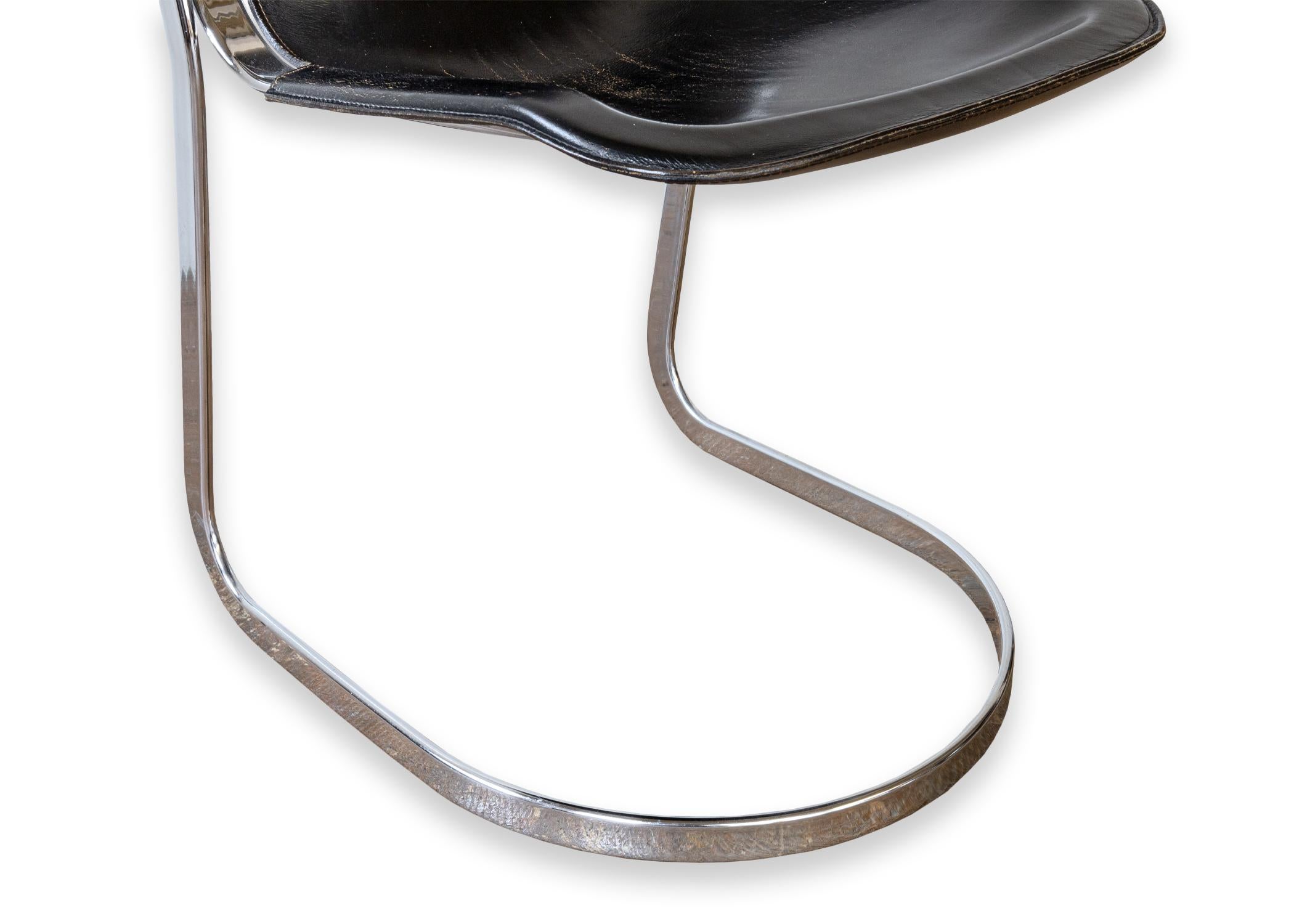 Set of 4 Black Leather Chrome Cantilever Chairs by Willy Rizzo for Cidue Italy 3