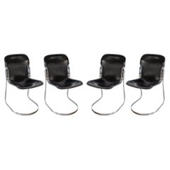 Set of 4 Black Leather Chrome Cantilever Chairs by Willy Rizzo for Cidue Italy