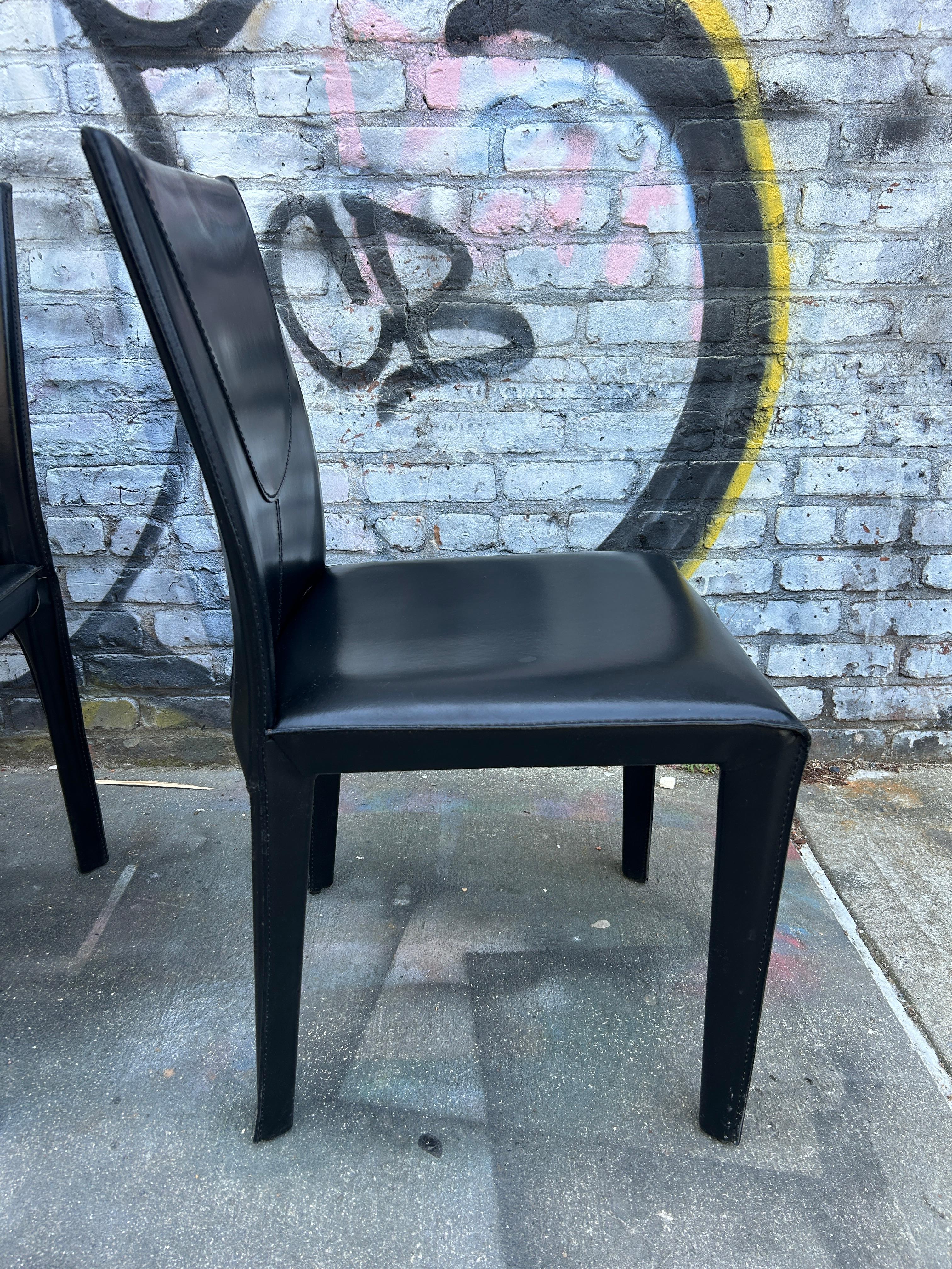 Set of 4 Black Leather Covered Dining Chairs by Arper Made in Italy In Good Condition For Sale In BROOKLYN, NY